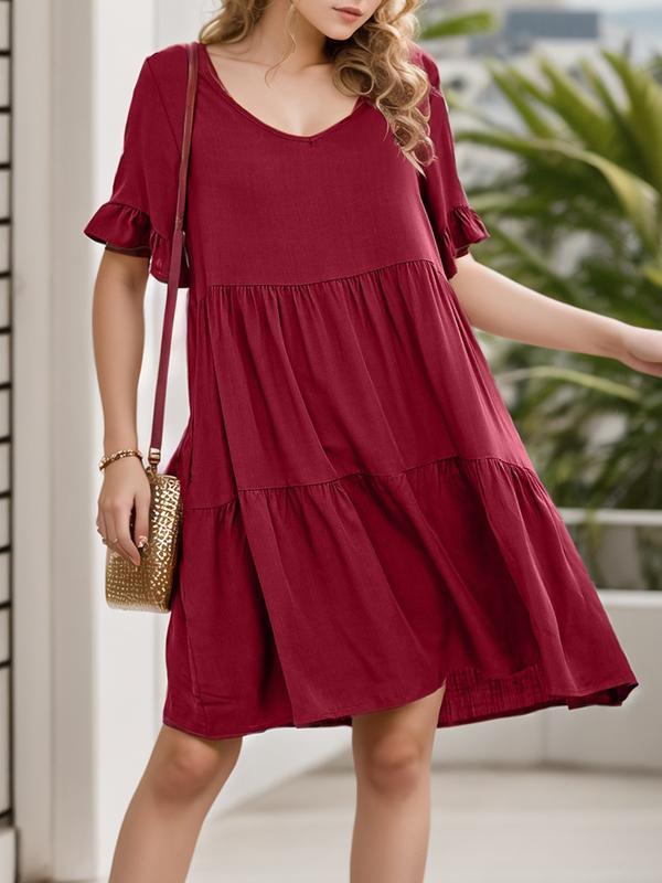 A-Line Flared Sleeves Pleated Pockets Ruffled Solid Color Split-Joint Round-Neck Mini Dresses Product Image