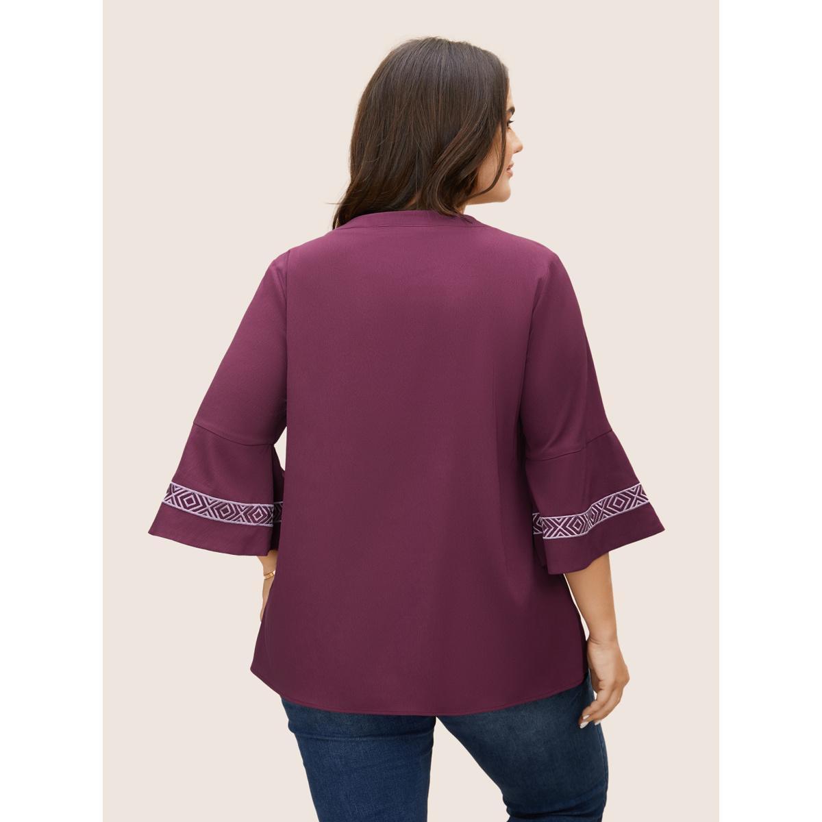 Plus Size Plum Boho Print Embroidered Gathered Notched Blouse Women Resort Half Sleeve Flat collar with V-notch Vacation Blouses BloomChic 28/5X Product Image