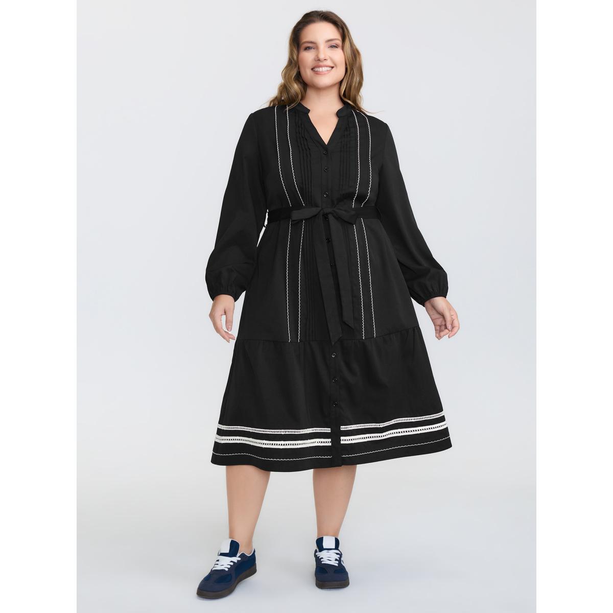 Plus Size Button Front Belted Stitch Detail Midi Dress Black Women Leisure Tucked seam Shirt collar Long Sleeve Curvy BloomChic 10/M Product Image