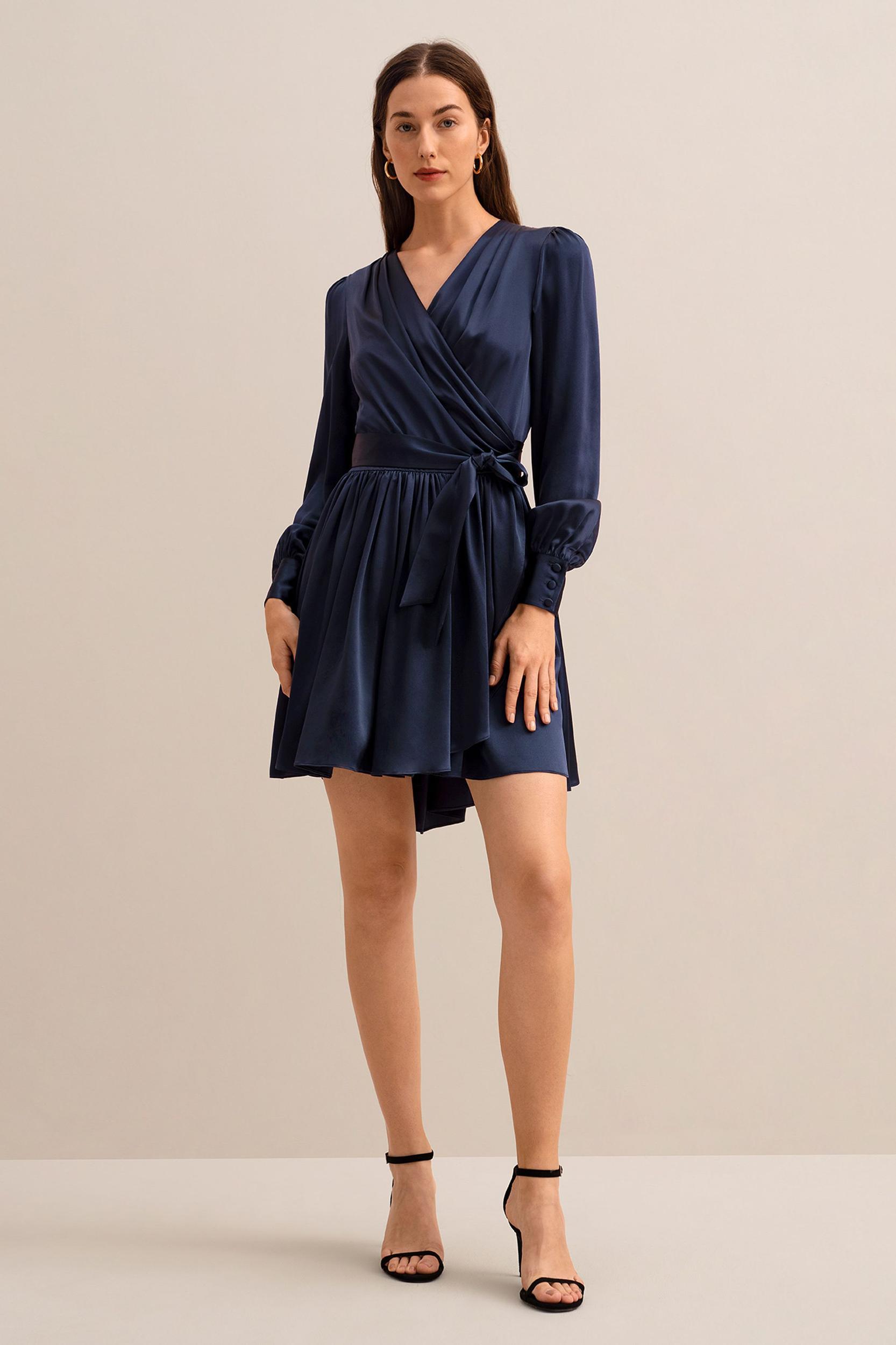 LILYSILK Long Sleeve Silk Dress for Women Navy Blue Pure Silk Glossy Puff Sleeves Skin-Friendly and Breathable S Product Image