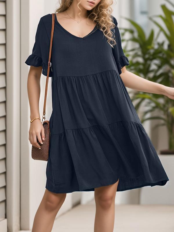 A-Line Flared Sleeves Pleated Pockets Ruffled Solid Color Split-Joint Round-Neck Mini Dresses Product Image