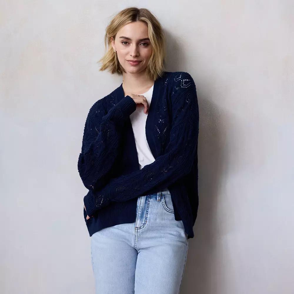 Petite LC Lauren Conrad Pointelle Open Cardigan, Women's, Size: XS Petite, Blue Water Product Image