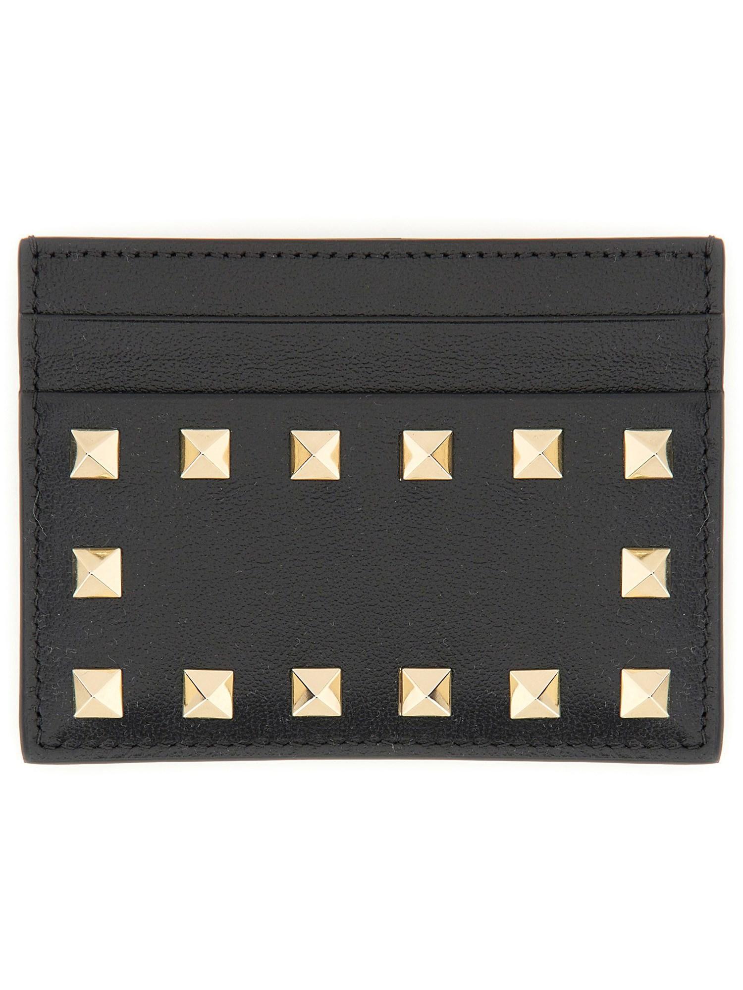 VALENTINO GARAVANI Studded Grained Leather Card Holder In Black Product Image