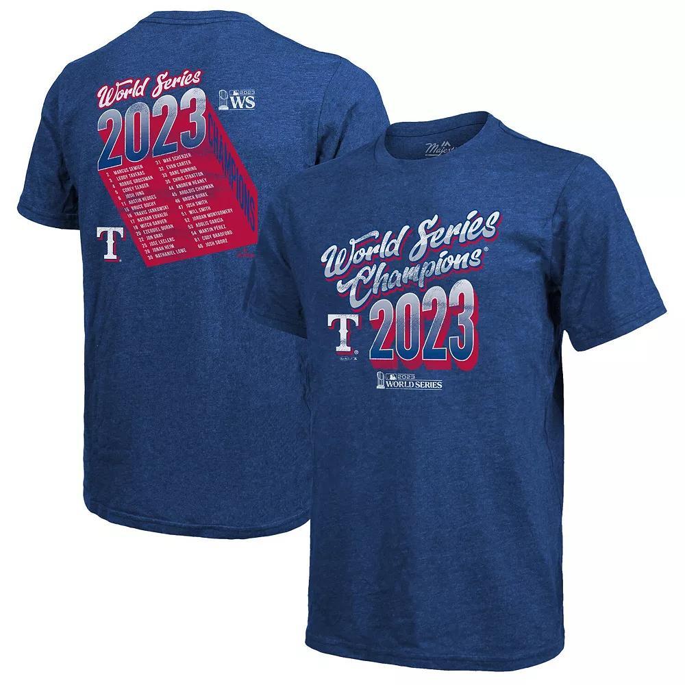 Men's Majestic Threads  Royal Texas Rangers 2023 World Series Champions Life Of The Party Tri-Blend Roster T-Shirt, Size: 3XL, Blue Product Image