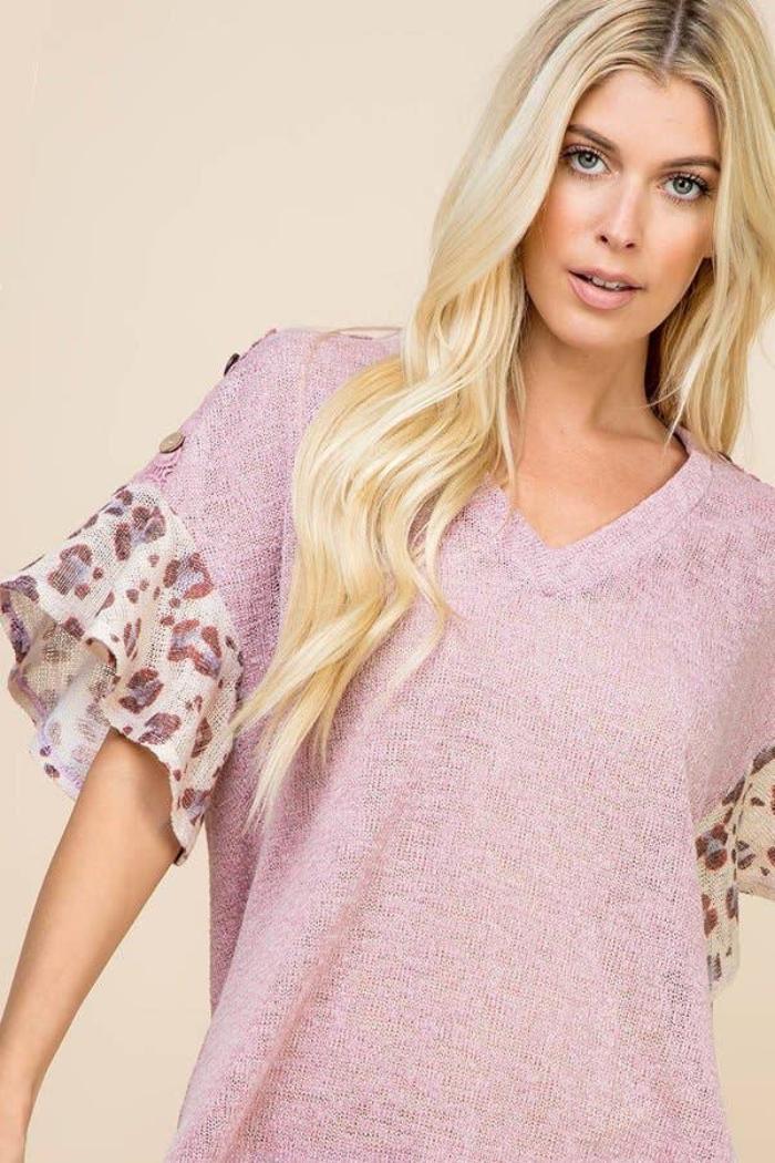 Lace Button Trim V Neck Top Product Image