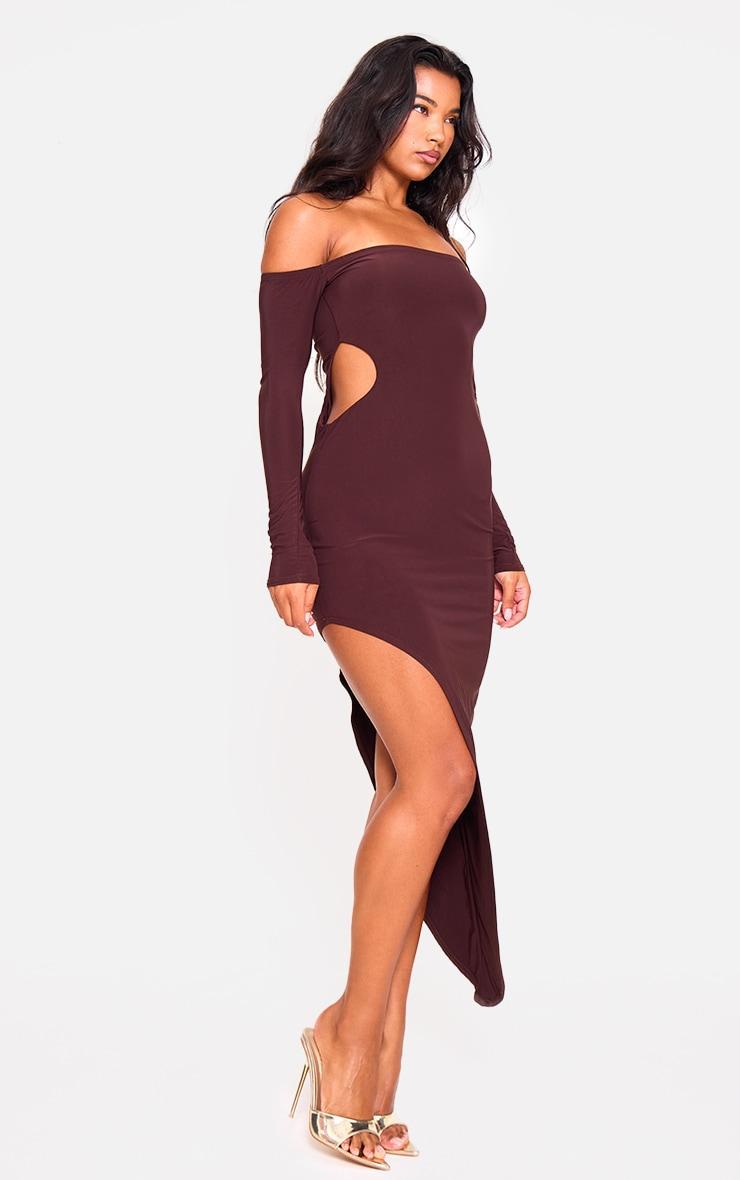  Chocolate Double Layer Long Sleeve Bardot Cut Out Midi Dress Product Image