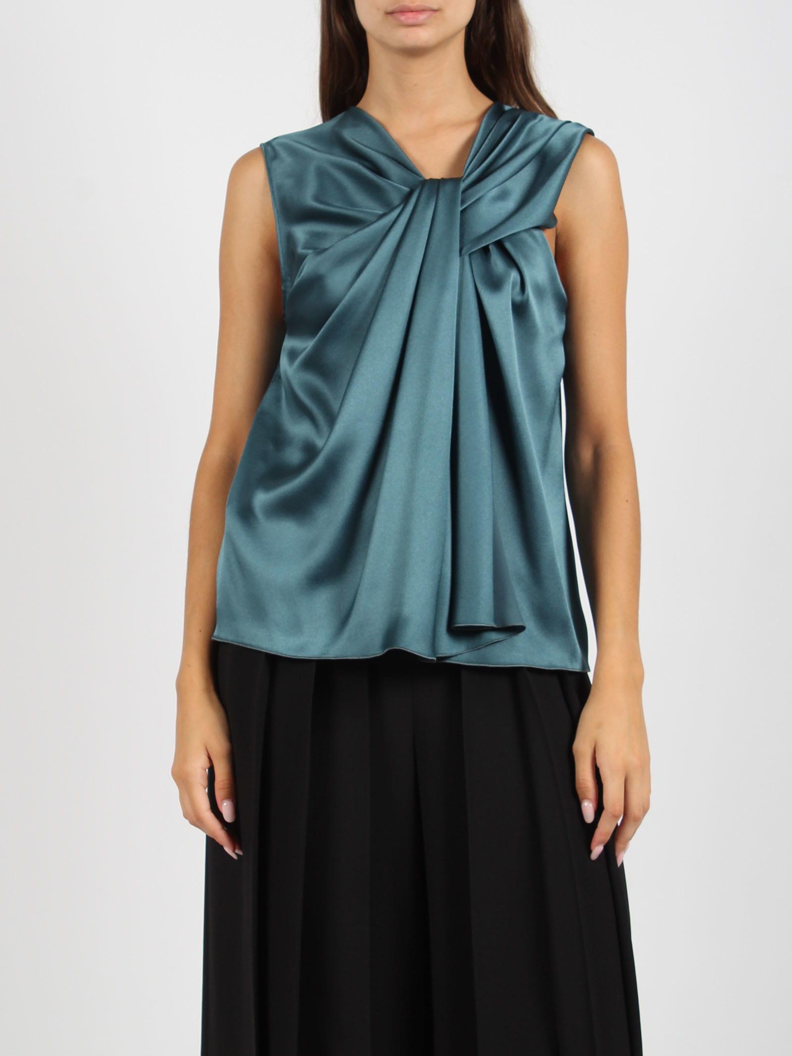 ALBERTA FERRETTI Sleeveless Gathered Satin Blouse In Petroleum Blue Product Image