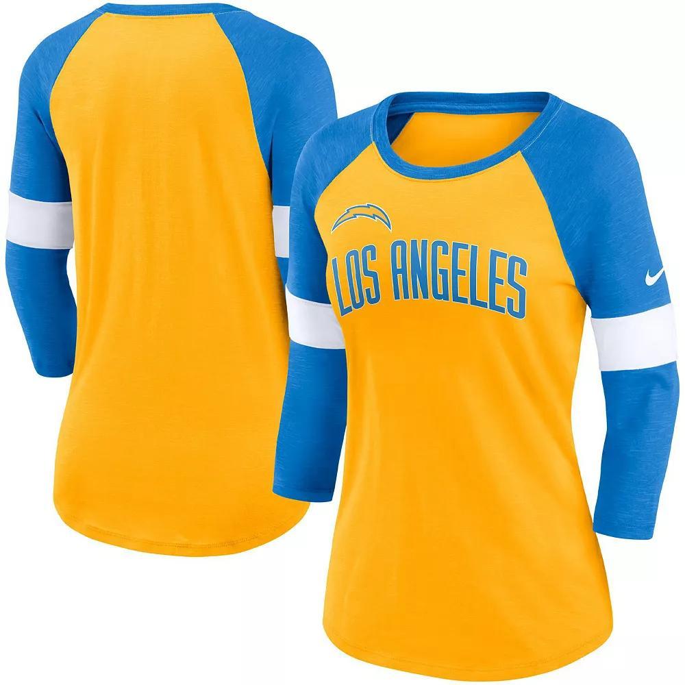 Women's Nike Los Angeles Chargers Heathered Gold/Heathered Powder Blue Football Pride Slub 3/4 Raglan Sleeve T-Shirt, Size: Large Product Image
