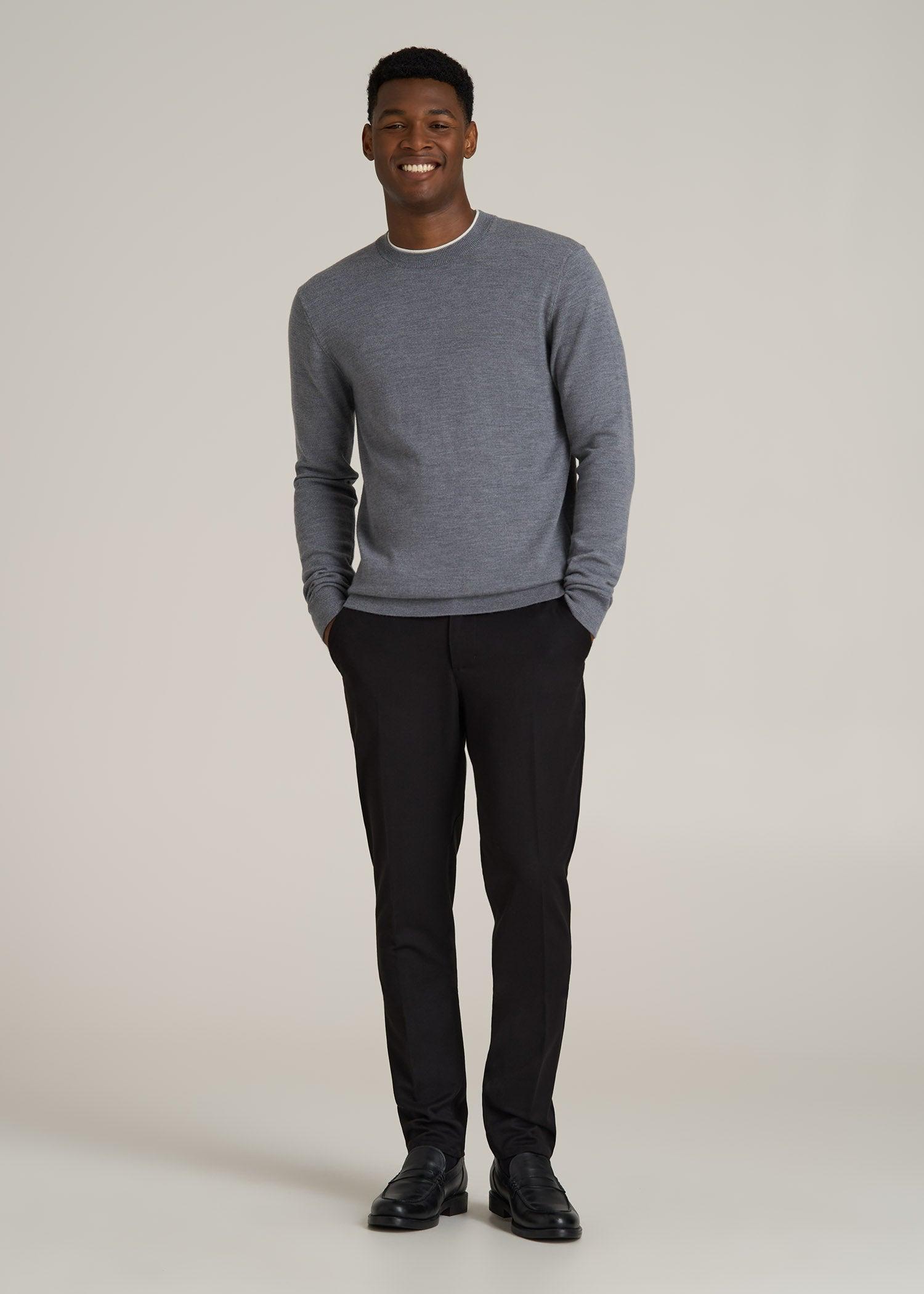 Merino Wool Crewneck Tip Sweater for Tall Men in Grey Mix Male Product Image