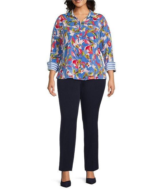 Investments Plus Size Woven Whimsy Floral Stripe 3/4 Sleeve Point Collar Button Front Split Cuff Top Product Image