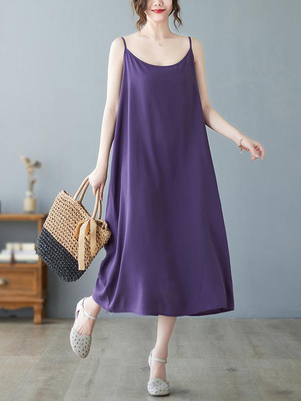 Loose Sleeveless Solid Color Spaghetti-Neck Midi Dresses Product Image