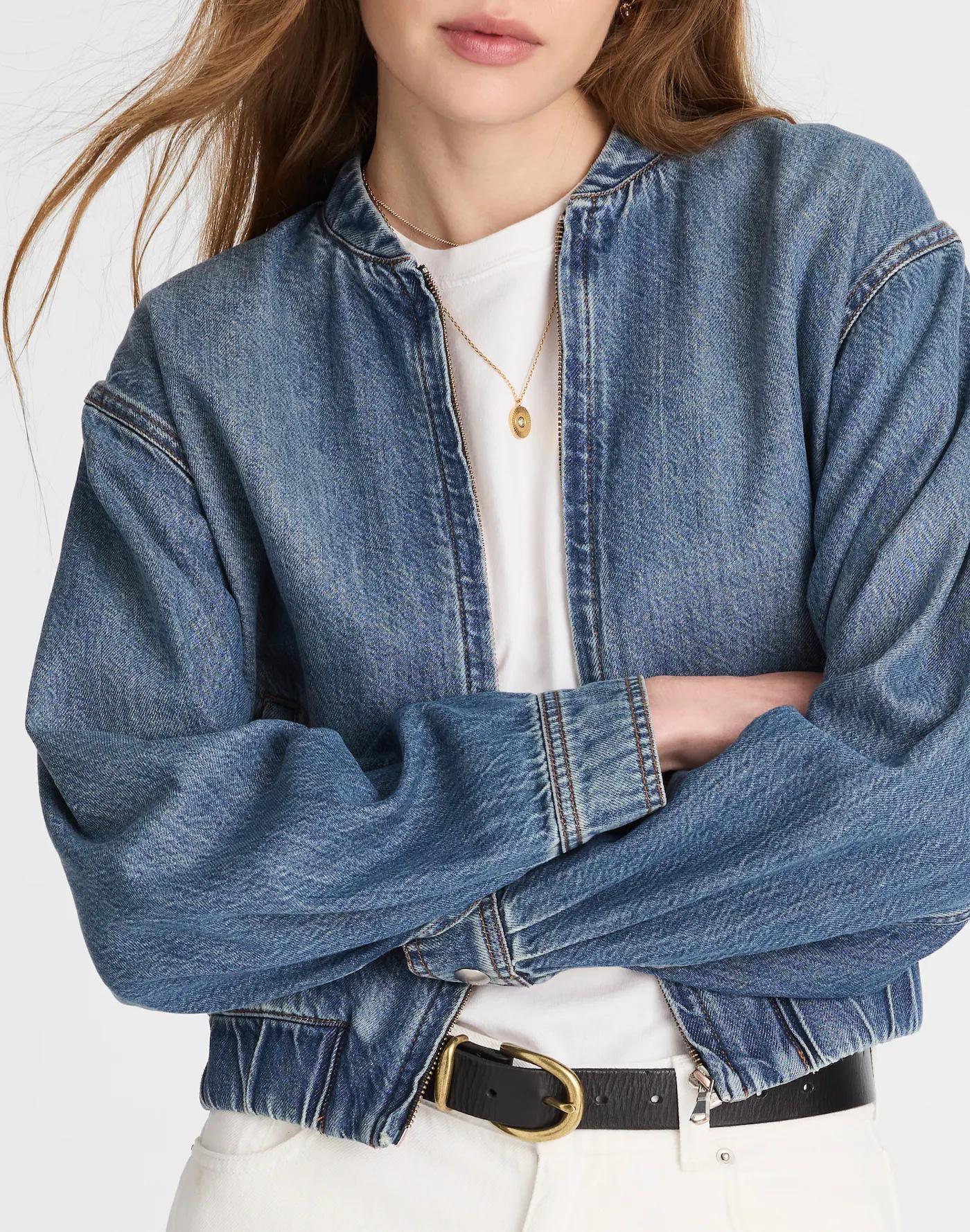 Zip-Up Bomber Jacket in Airy Denim Product Image