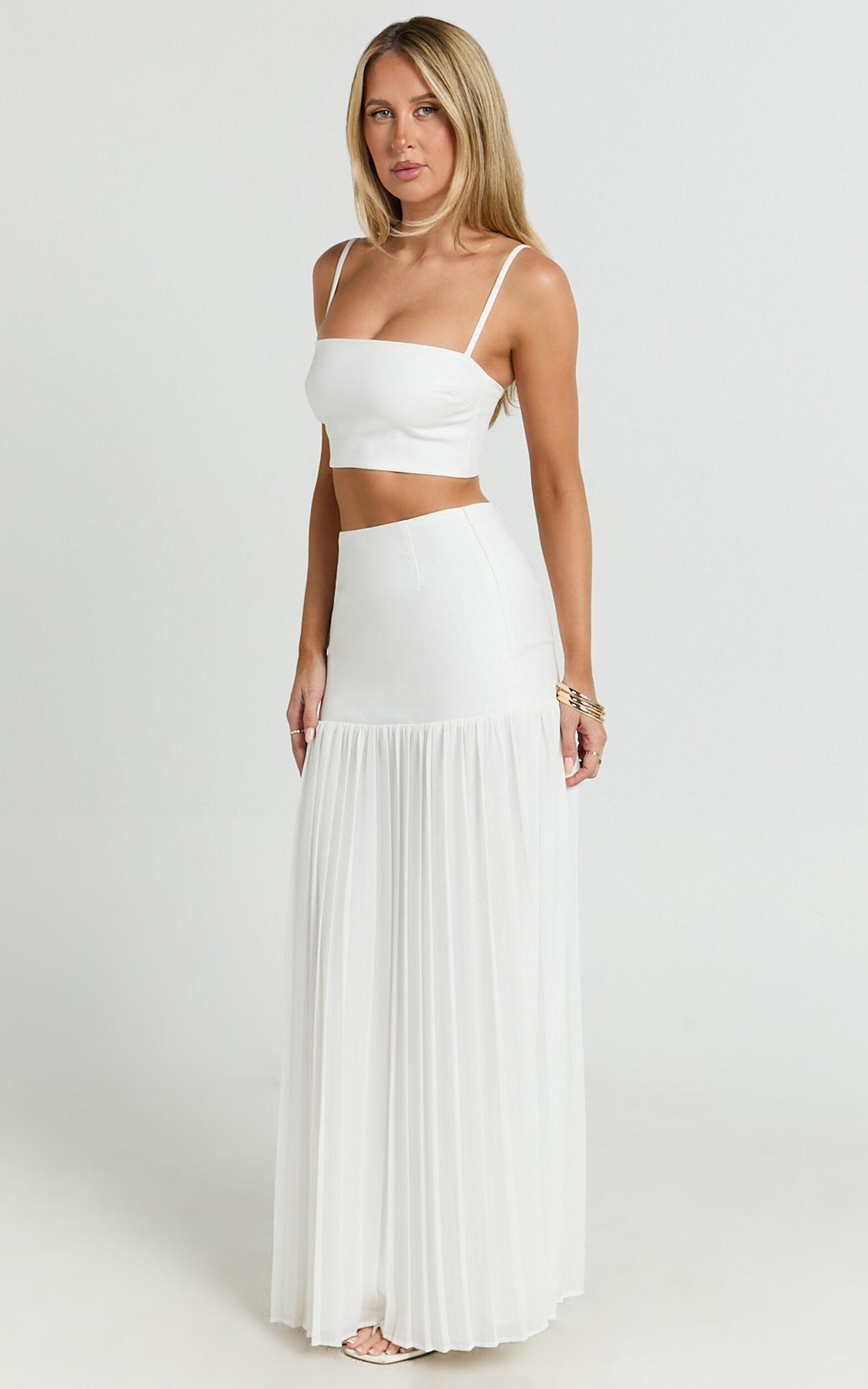 Rowan Two Piece Set - Square Neck Crop Top and High Waist Pleated Skirt Set in Ivory Product Image