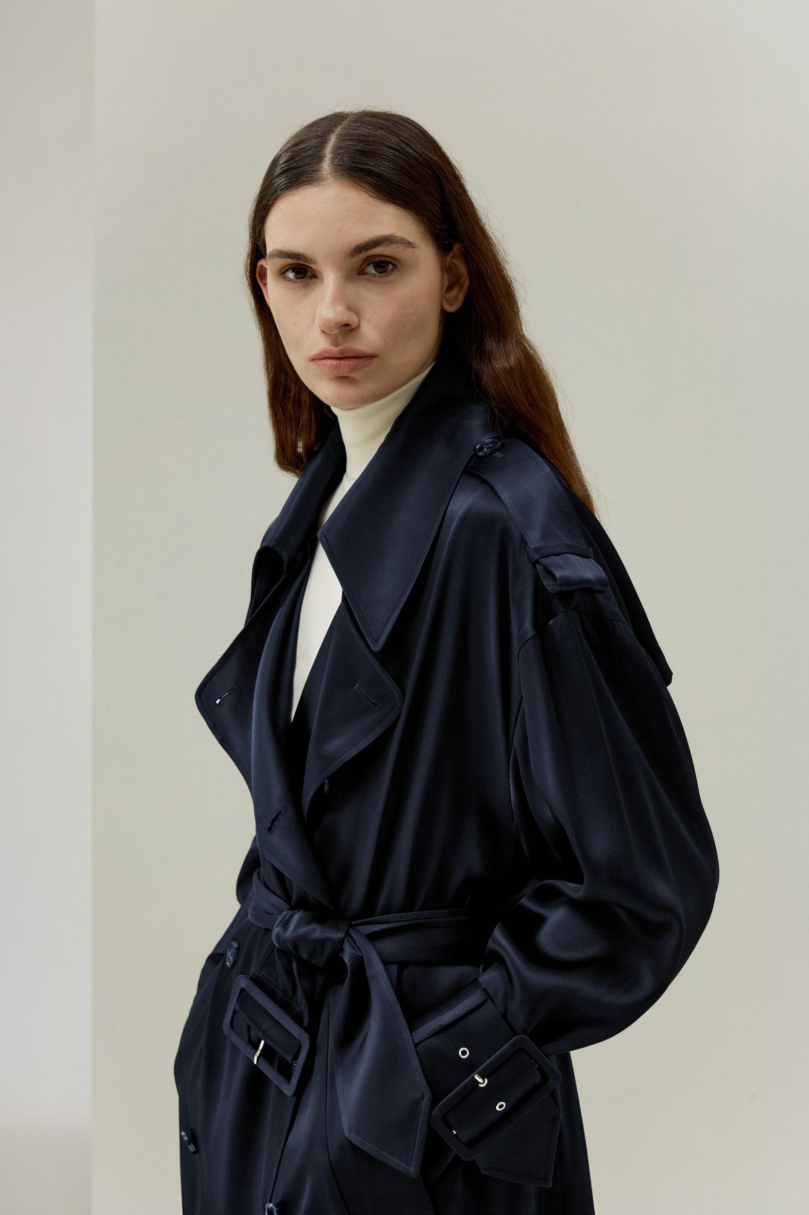 LILYSILK Womens Silk Trench - Midnight Blue 100% Silk - Comfort Relaxed Drop-Shoulder Outerwear M Product Image