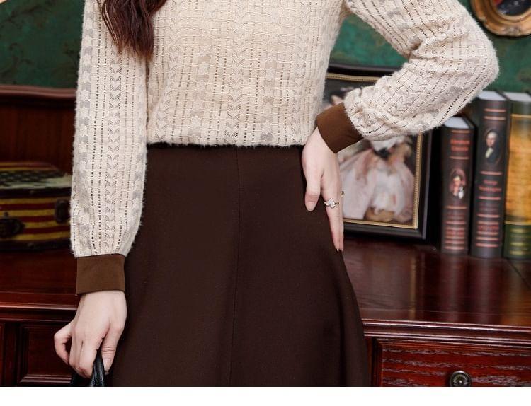 Long-Sleeve Round Neck Faux Pearl Contrast Trim Lace Blouse Product Image