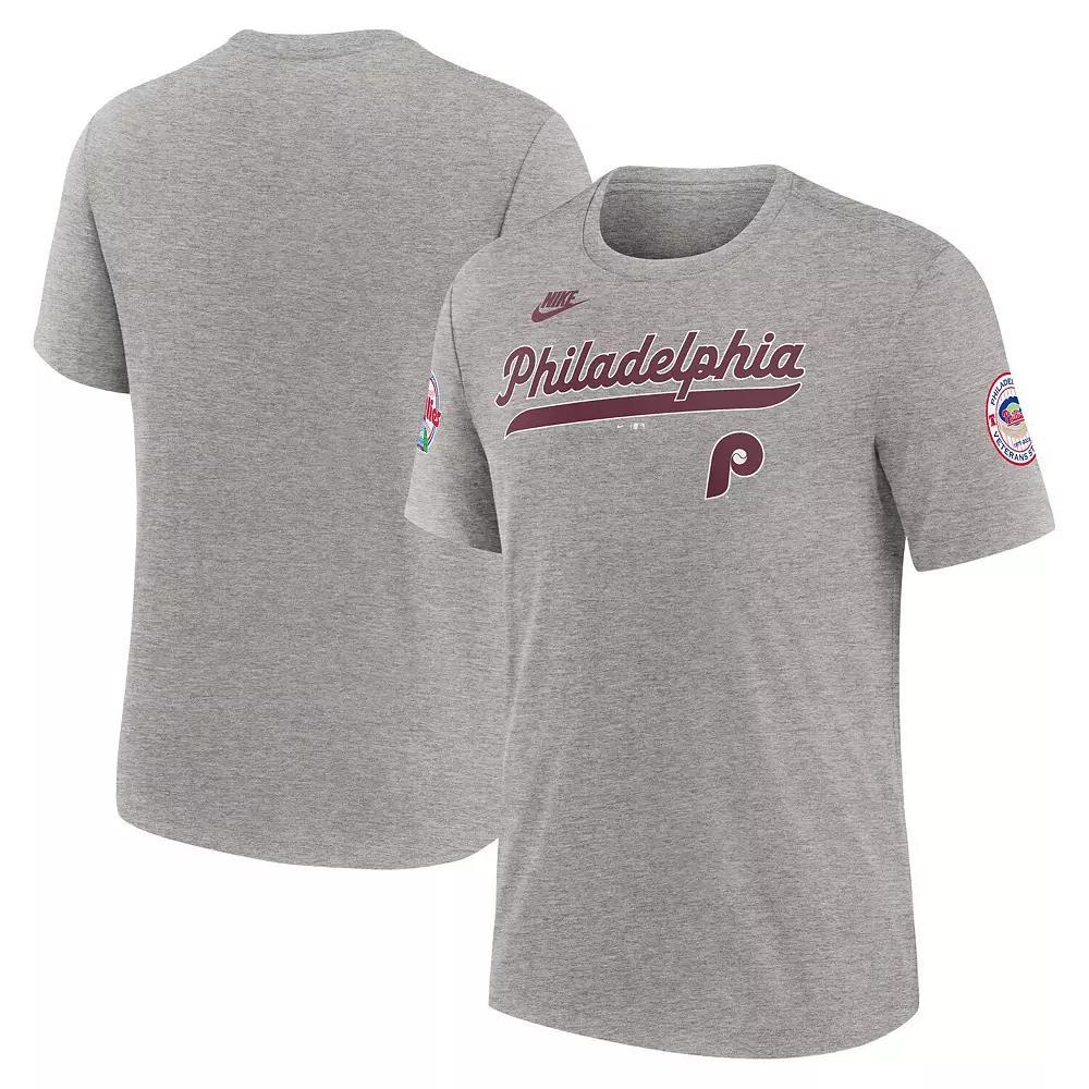 Men's Nike Heather Gray Philadelphia Phillies Cooperstown Collection Eras Tri-Blend T-Shirt,  Product Image