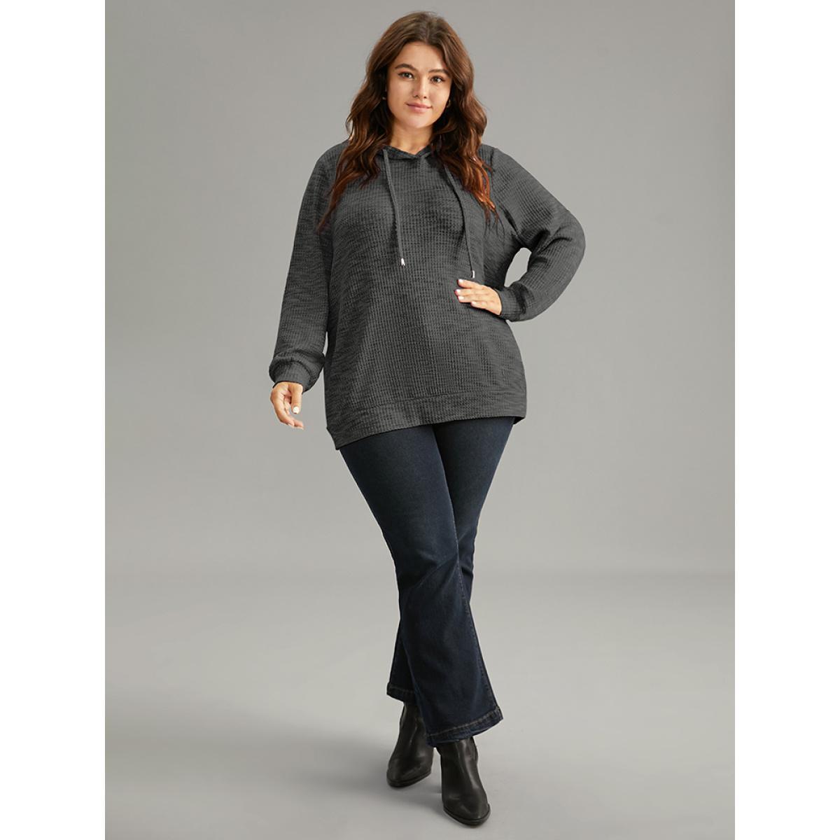 Plus Size Colour Waffle Knit Hooded Drawstring Sweatshirt Women DimGray Casual Waffle Knit Hooded Everyday Sweatshirts BloomChic 28/5X Product Image