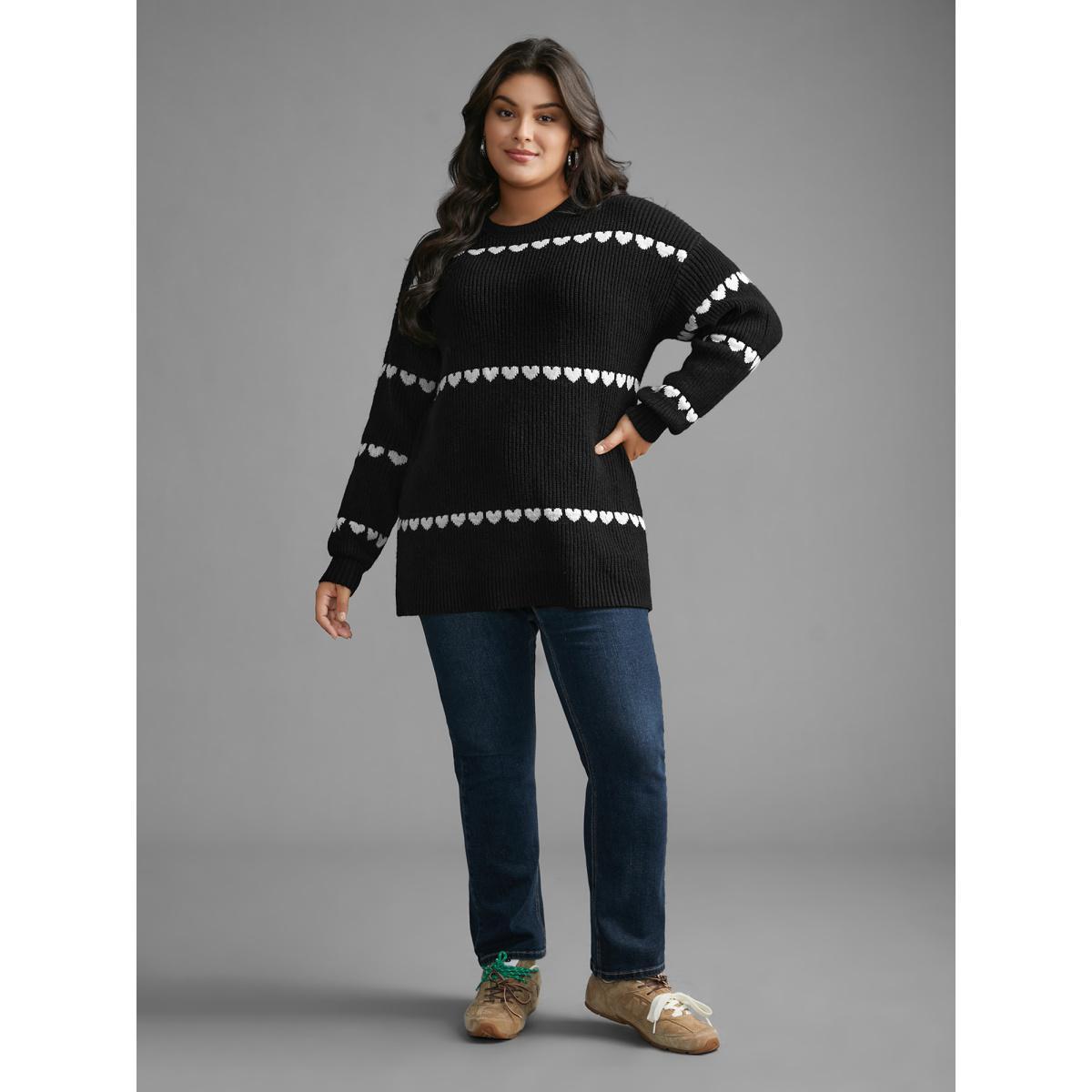 Plus Size Supersoft Essentials Heart Jacquard Pullover Black Women Casual Loose Long Sleeve Round Neck Everyday Pullovers BloomChic 28/5X Product Image