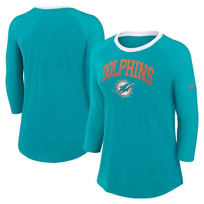 Women's Nike Aqua Miami Dolphins Raglan 3/4 Sleeve T-Shirt, Size: Large, Turquoise A Product Image