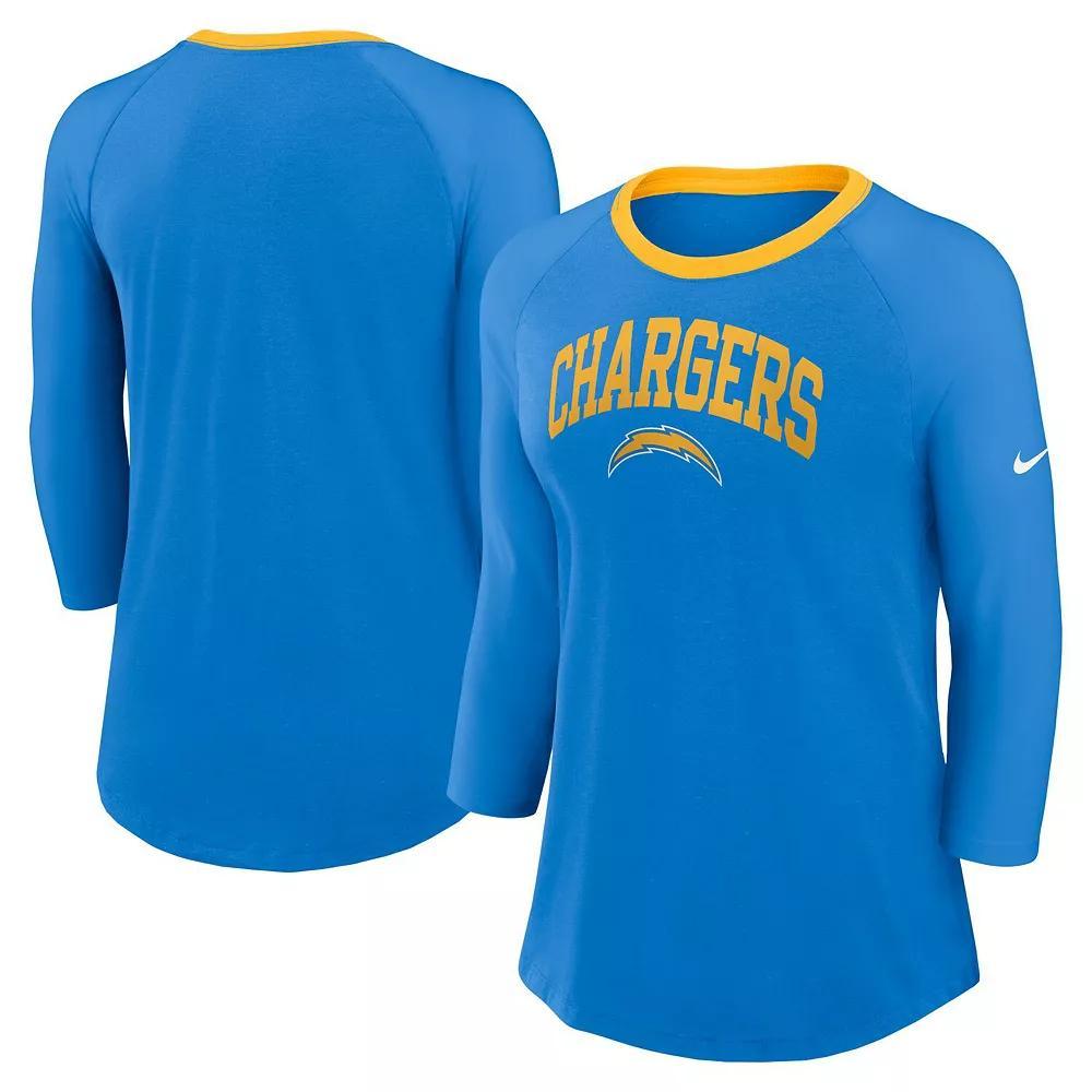 Women's Nike Powder Blue Los Angeles Chargers Raglan 3/4 Sleeve T-Shirt,  Product Image