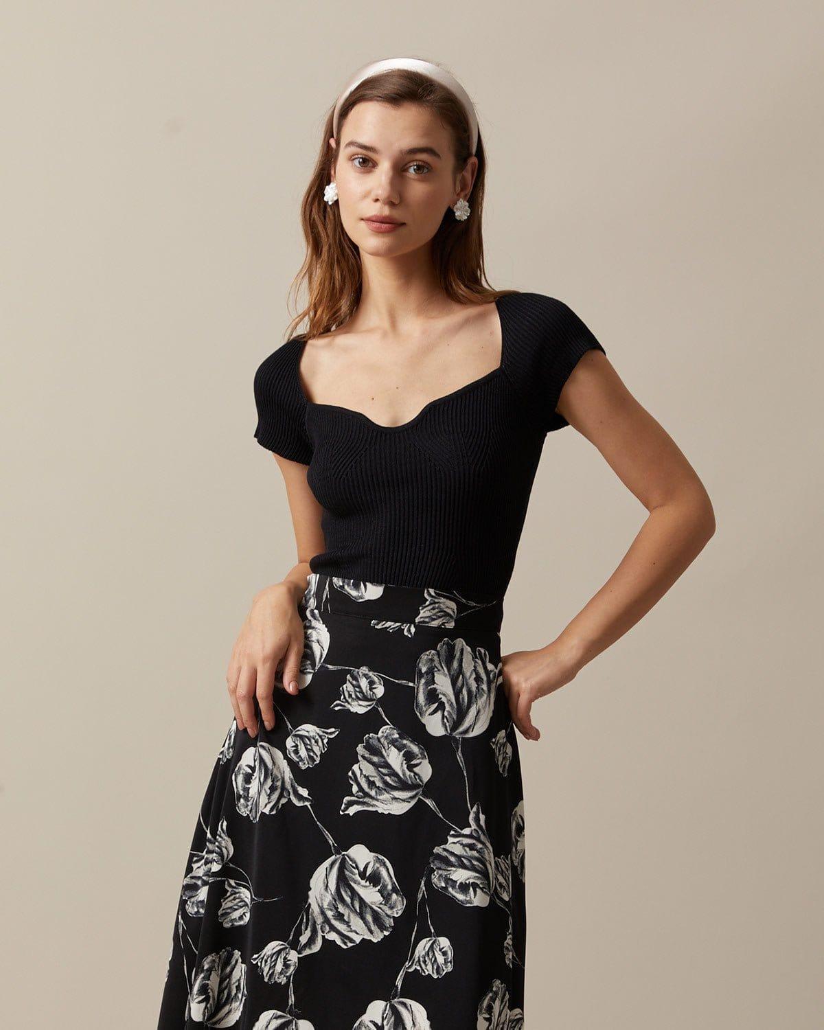 The Black Square Neck Short Sleeve Knit Top Product Image