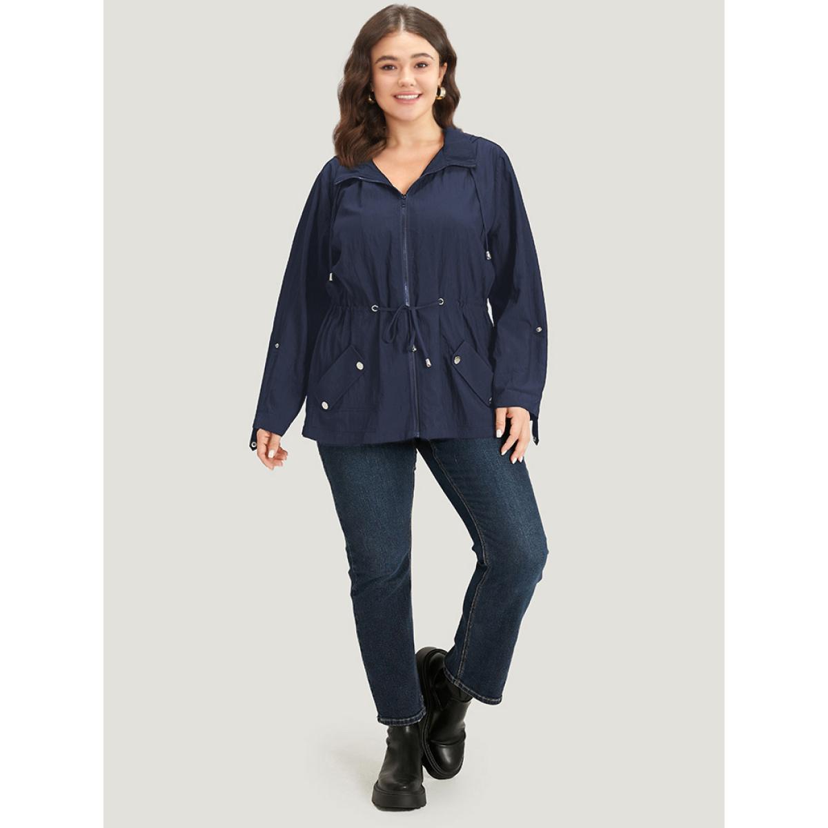 Plus Size Plain Hooded Zipper Drawstring Tab Sleeve Coat Women Indigo Plain Pocket Everyday Jackets BloomChic 10/M Product Image