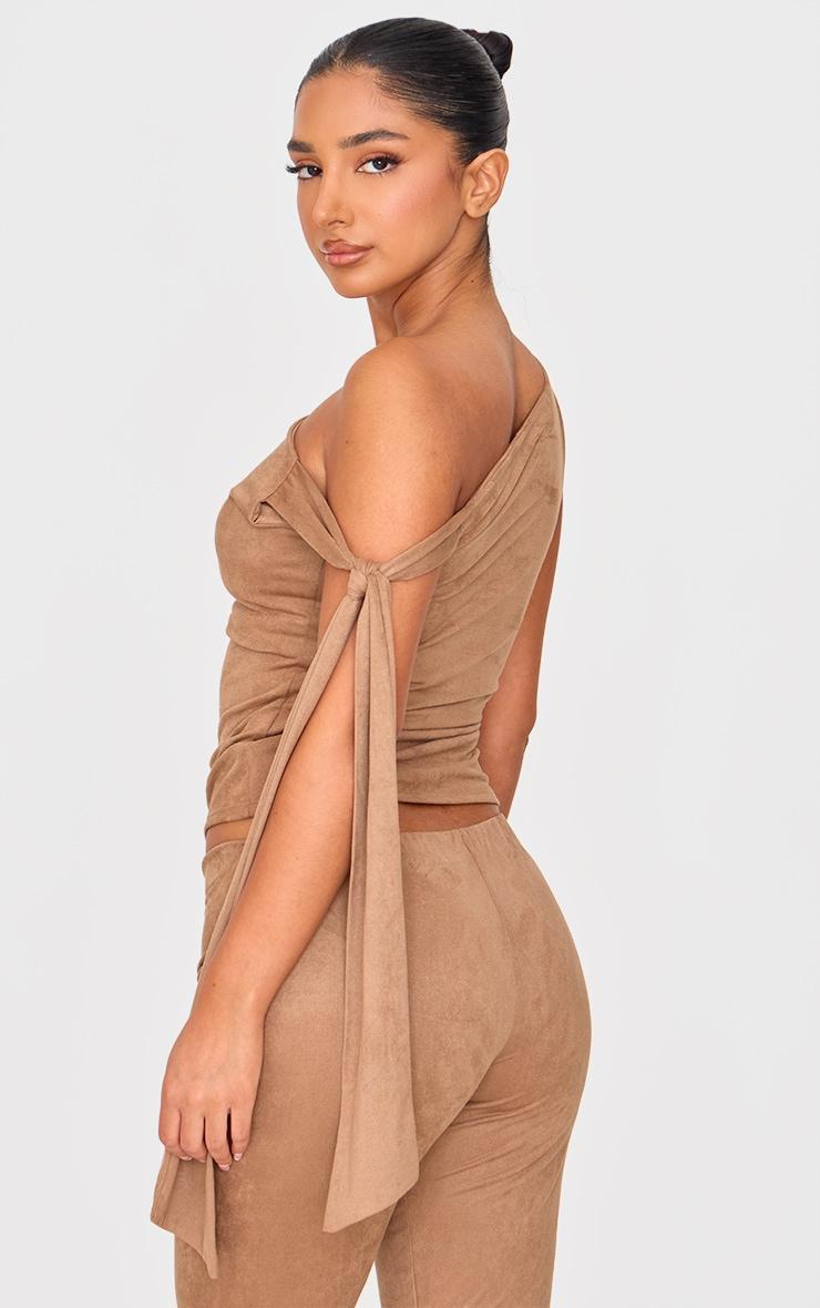 Petite Deep Taupe Faux Suede Tie Detail Long Top Product Image