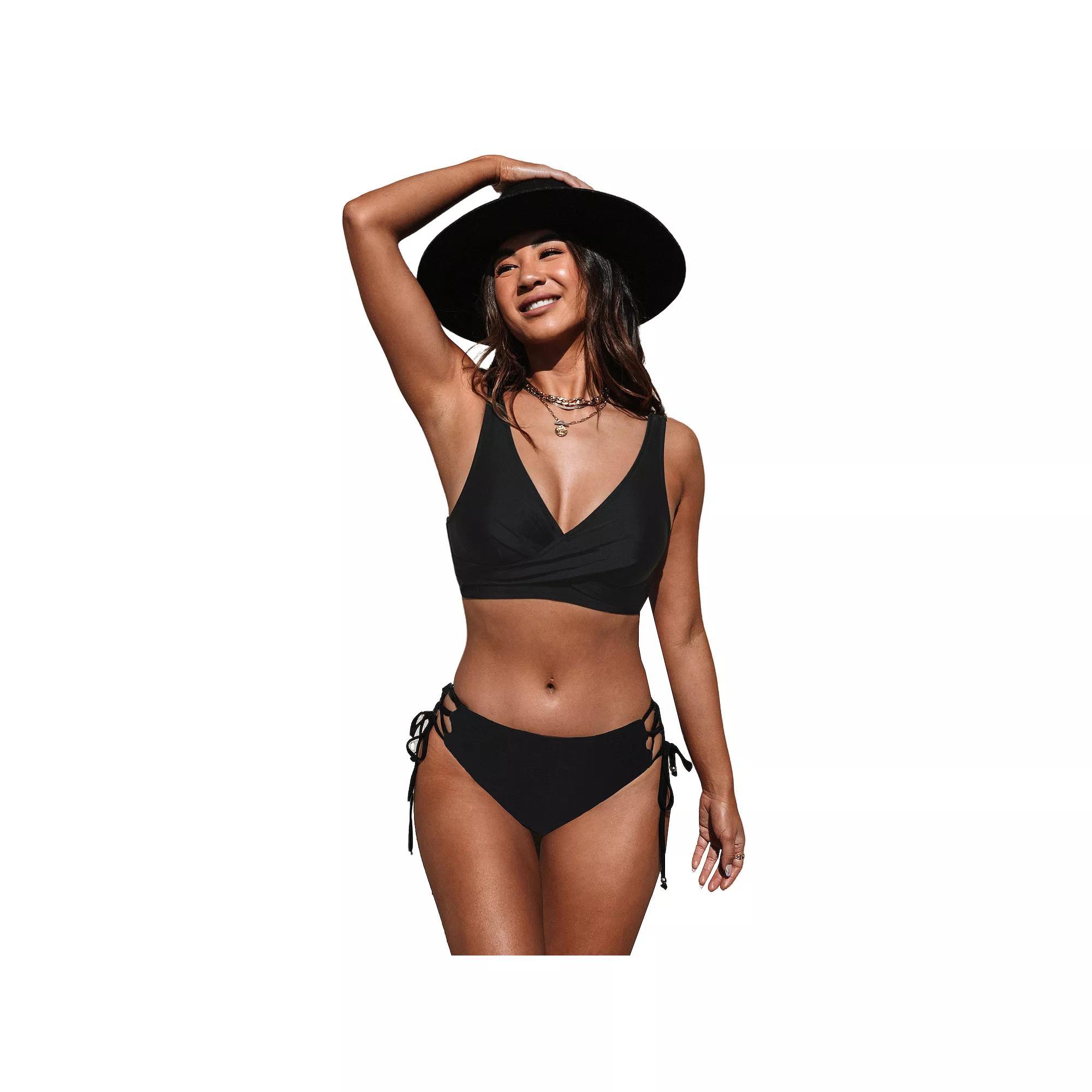 Women's Cupshe Black Lace-Up Bralette & Tie Side Bikini Set, Size: Medium Product Image