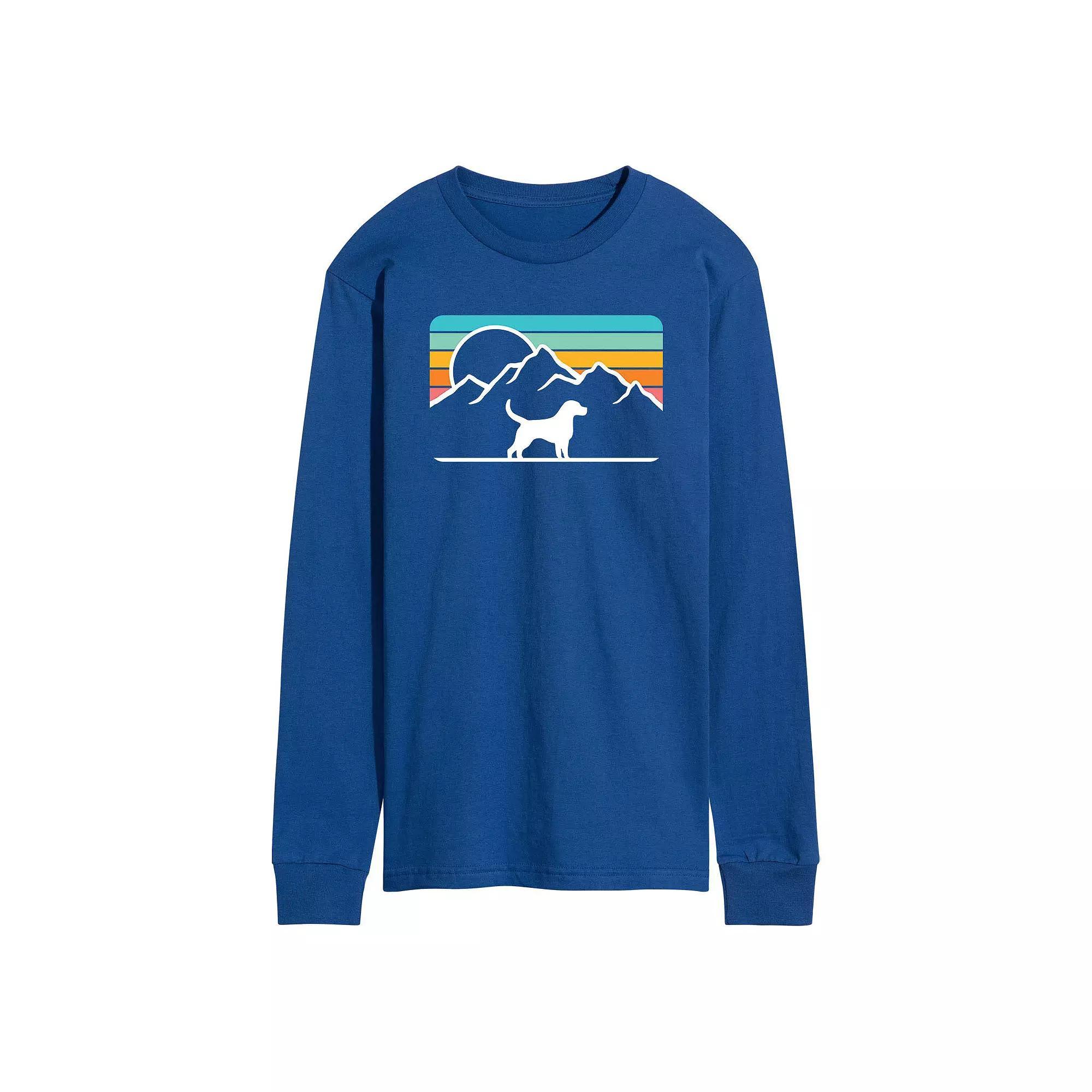 Men's Dog With Retro Mountain Long Sleeve Graphic Tee, Size: Small, Blue Product Image