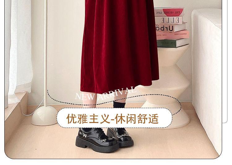 Maternity Long-Sleeve Mock Neck Plain Ribbed Knit Top / Bow Midi A-Line Jumper Dress / Set Product Image