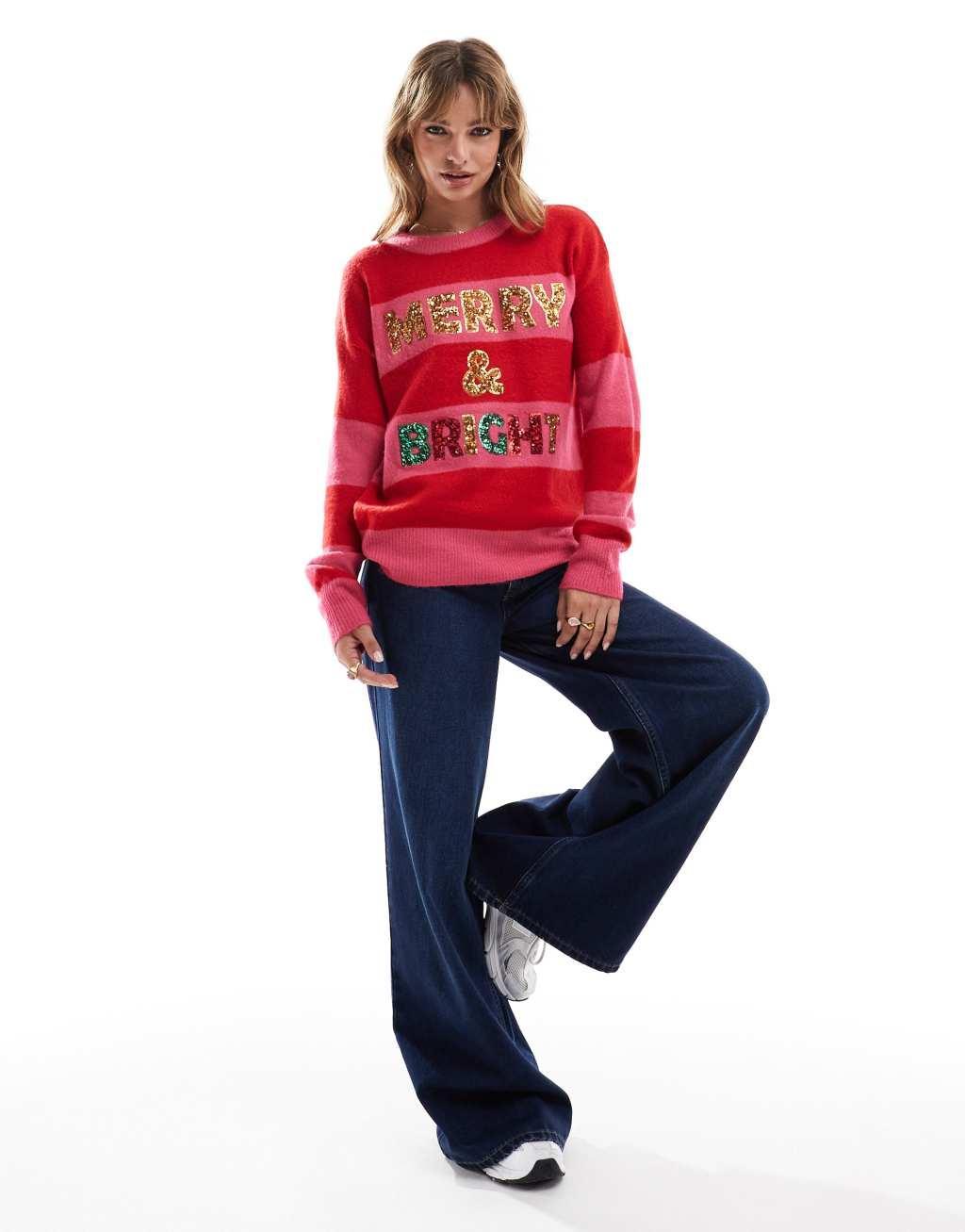 Brave Soul oversized Christmas sweater with sequins in pink and red stripe Product Image