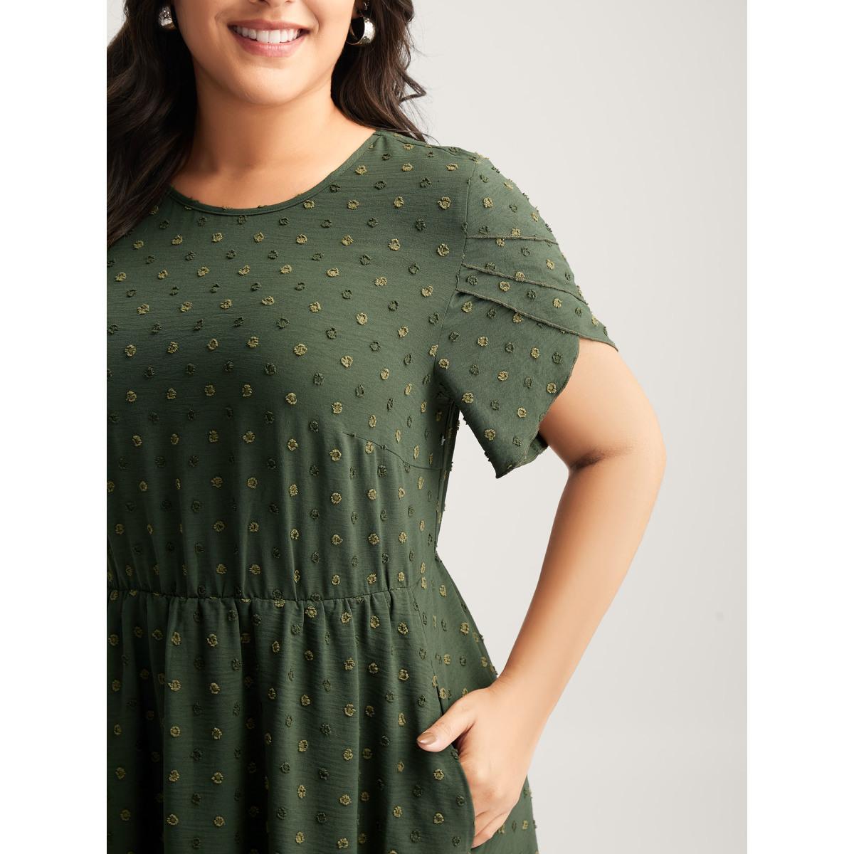 Plus Size Ruffled Textured Layered Sleeve Midi Dress ArmyGreen Women Round Neck Short sleeve Curvy BloomChic 26/4X Product Image