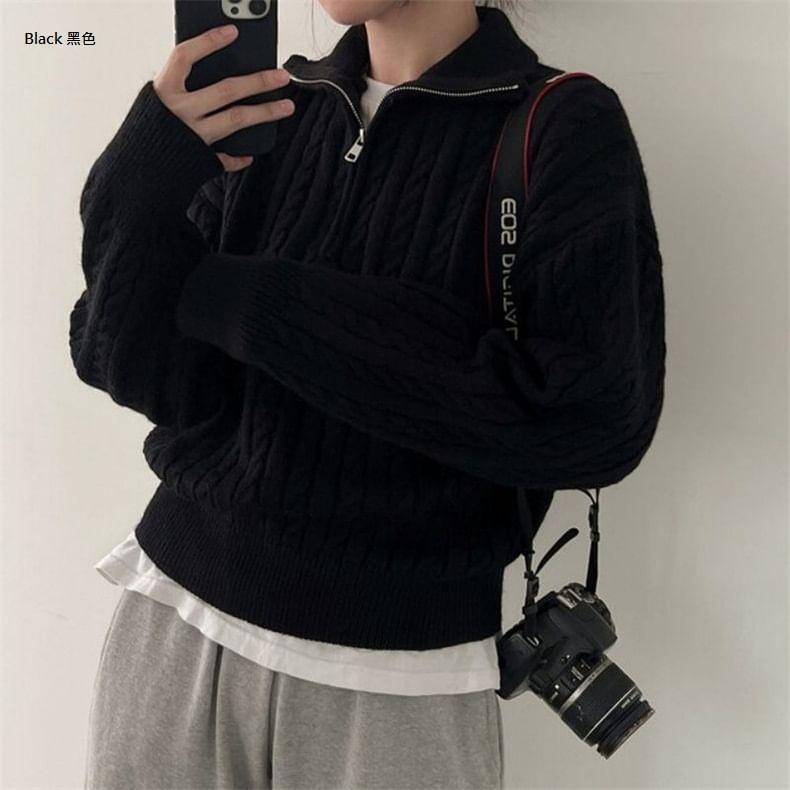 Half Zip Cable Knit Cropped Sweater Product Image