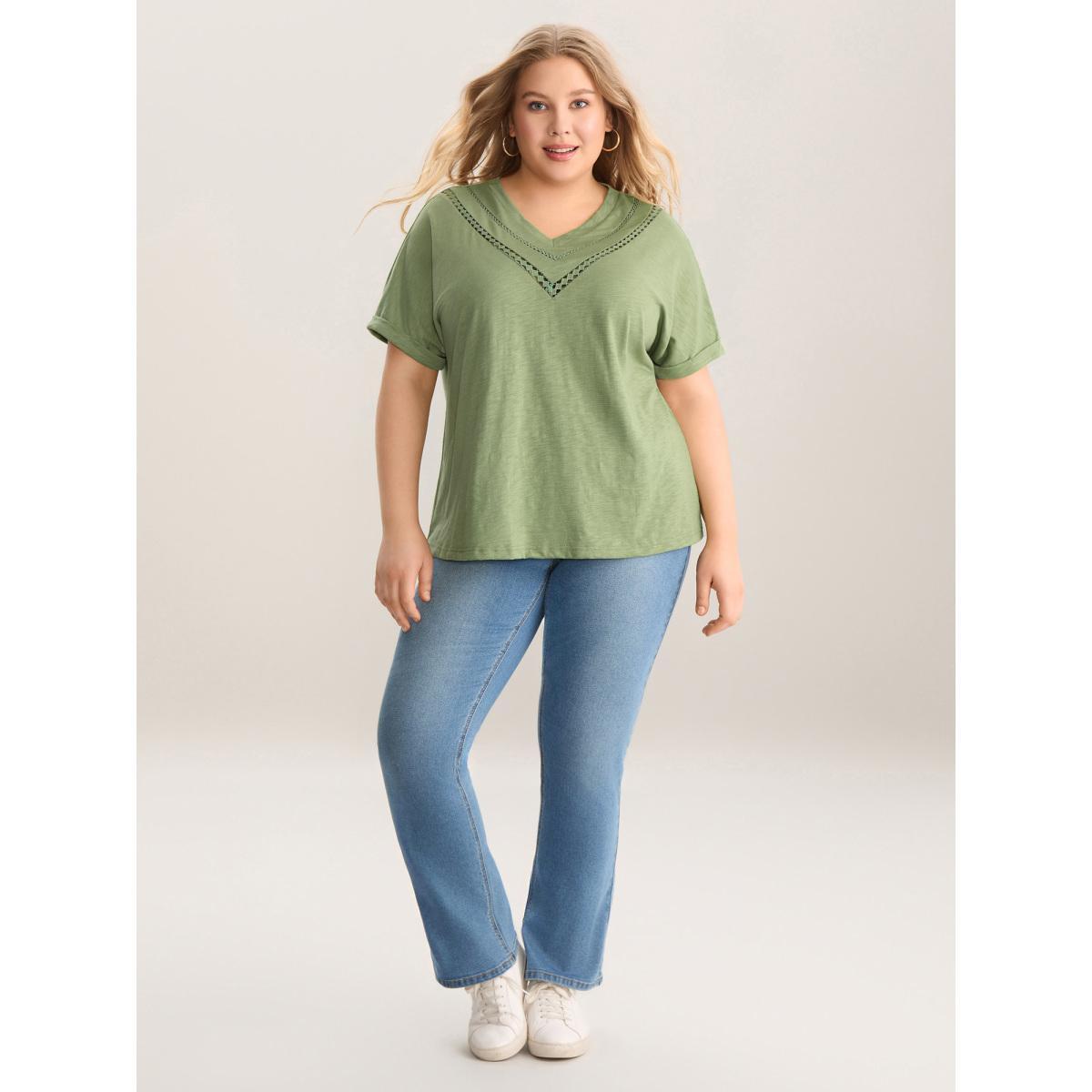 Plus Size Bamboo Fabric Lace Trim Flowy T-Shirt Greenbean Women Woven ribbon&lace trim V-neck Casual T-shirts BloomChic 22-24/3X Product Image