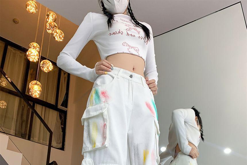 High Waist Paint Printed Wide Leg Cargo Pants Product Image