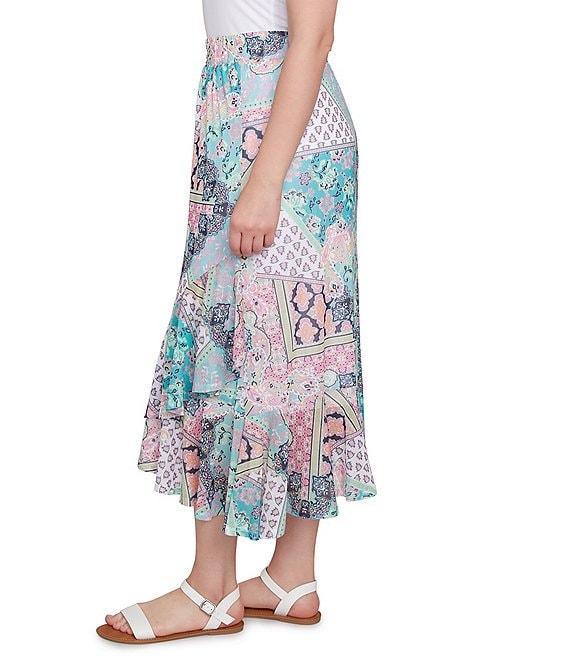 Ruby Rd. Lightweight Mesh Paisley Patchwork Asymmetric Ruffle Hem Pull-On Midi Flowy Skirt Product Image