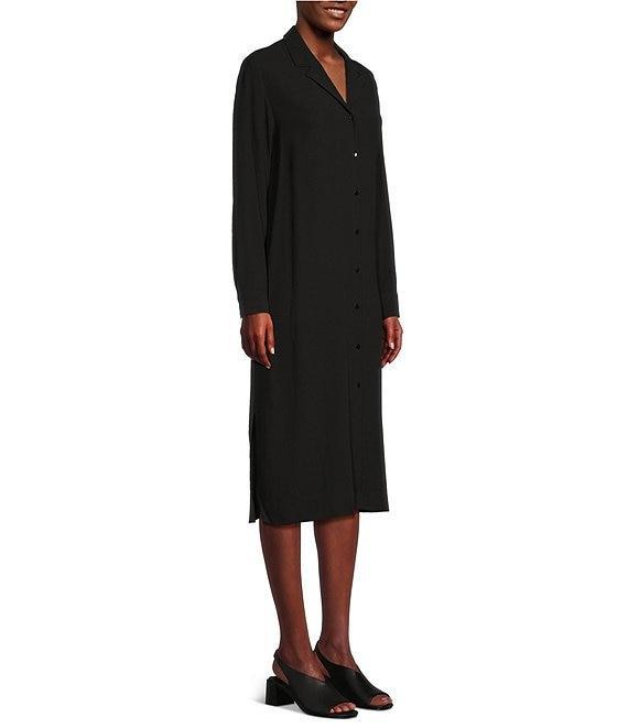 Eileen Fisher Silk Georgette Crepe Notch Collar Long Sleeve Button Front Midi Dress Product Image
