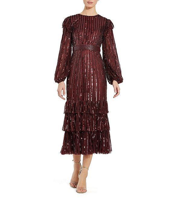 Mac Duggal Sequin Embellished Mesh High Neck Blouson Sleeves Ruffle Dress Product Image