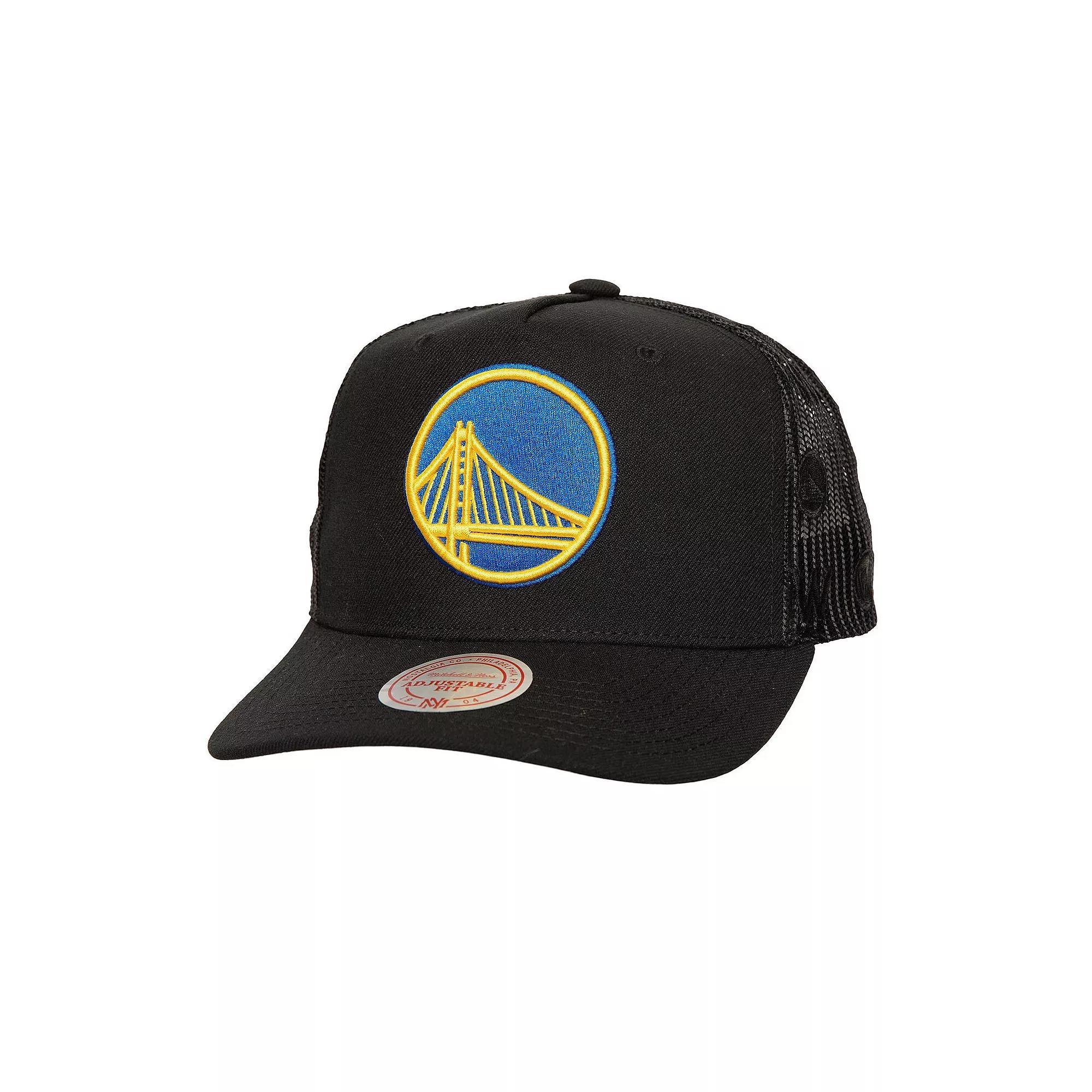 Men's Mitchell & Ness Black Golden State Warriors Monogram Allover Logo Mesh Trucker Adjustable Hat Product Image