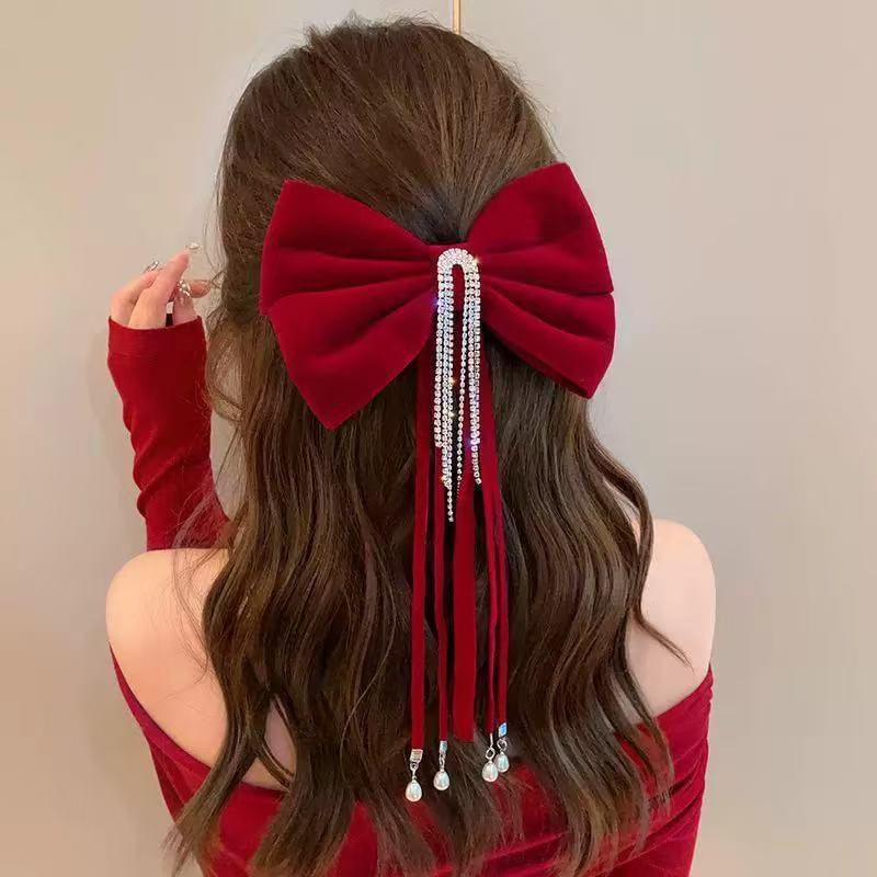 Bow Rhinestone Velvet Hair Clip Product Image