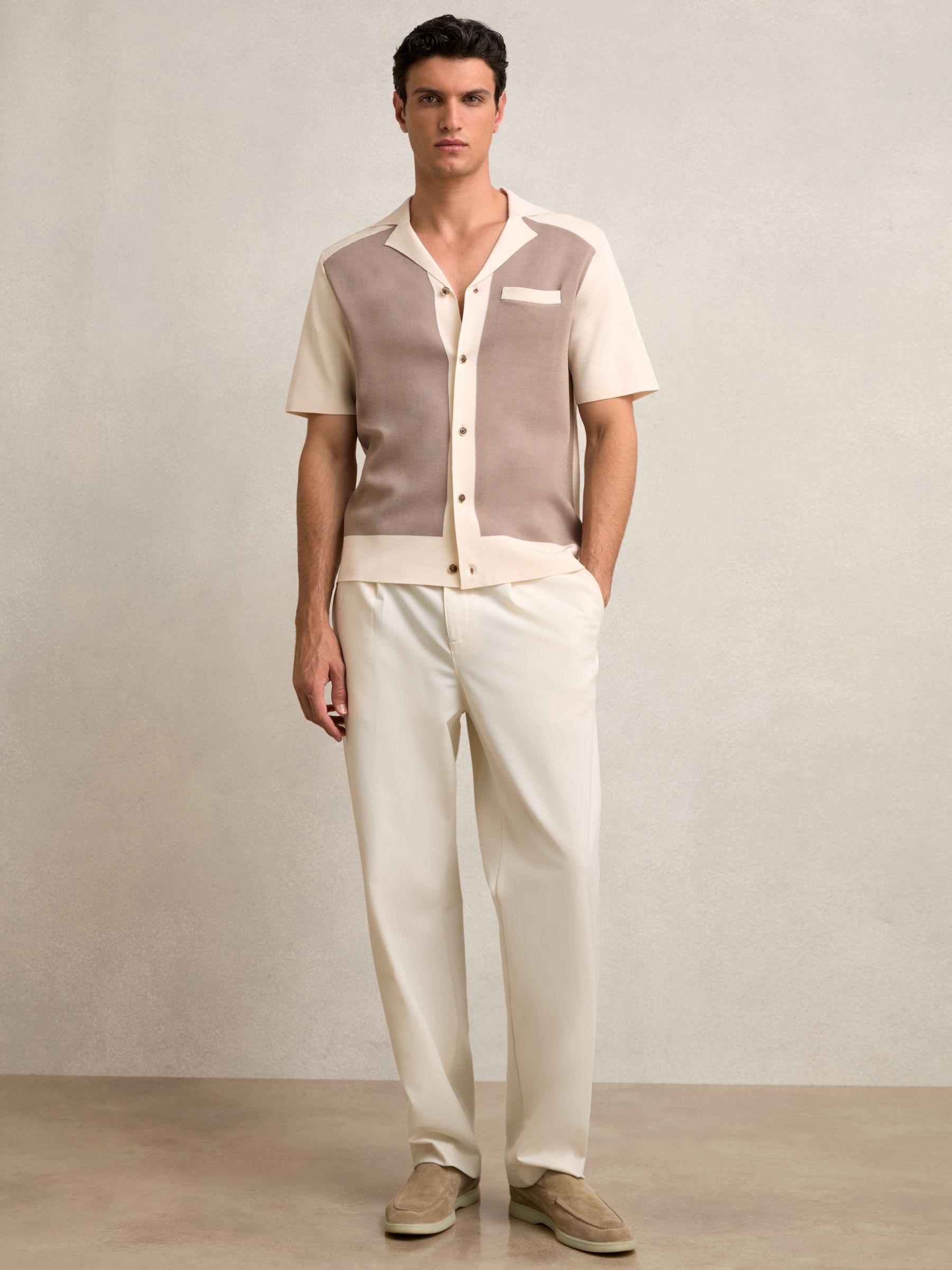 Colour-Block Cuban-Collar Knit Shirt in Taupe Brown/Light Stone Product Image