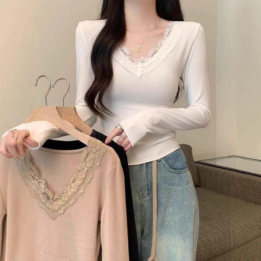 Long Sleeve V-Neck Lace-Trim Plain Slim-Fit Top Product Image