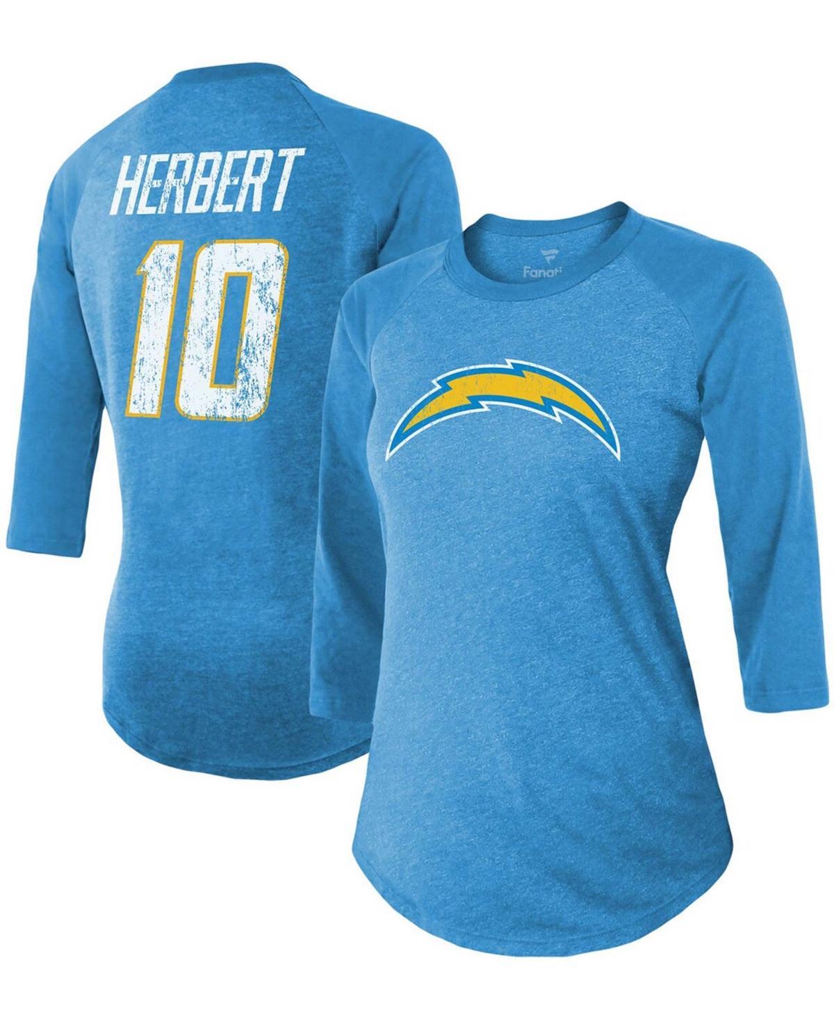 Women's Fanatics Branded Justin Herbert Powder Blue Los Angeles Chargers Team Player Name & Number Raglan 3/4-Sleeve T-Shirt, Size: Medium, Light Product Image