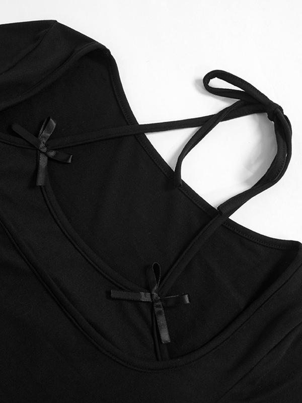 Solid Halter Bow Decor Long Sleeve Tee Product Image