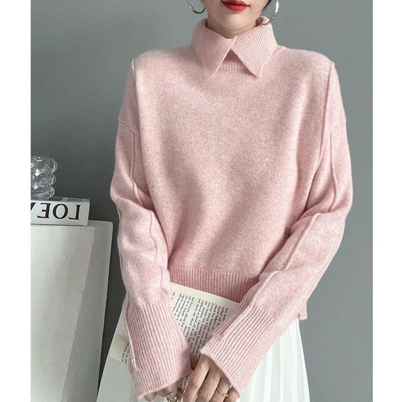 Long-Sleeve Polo-Neck Plain Sweater Product Image