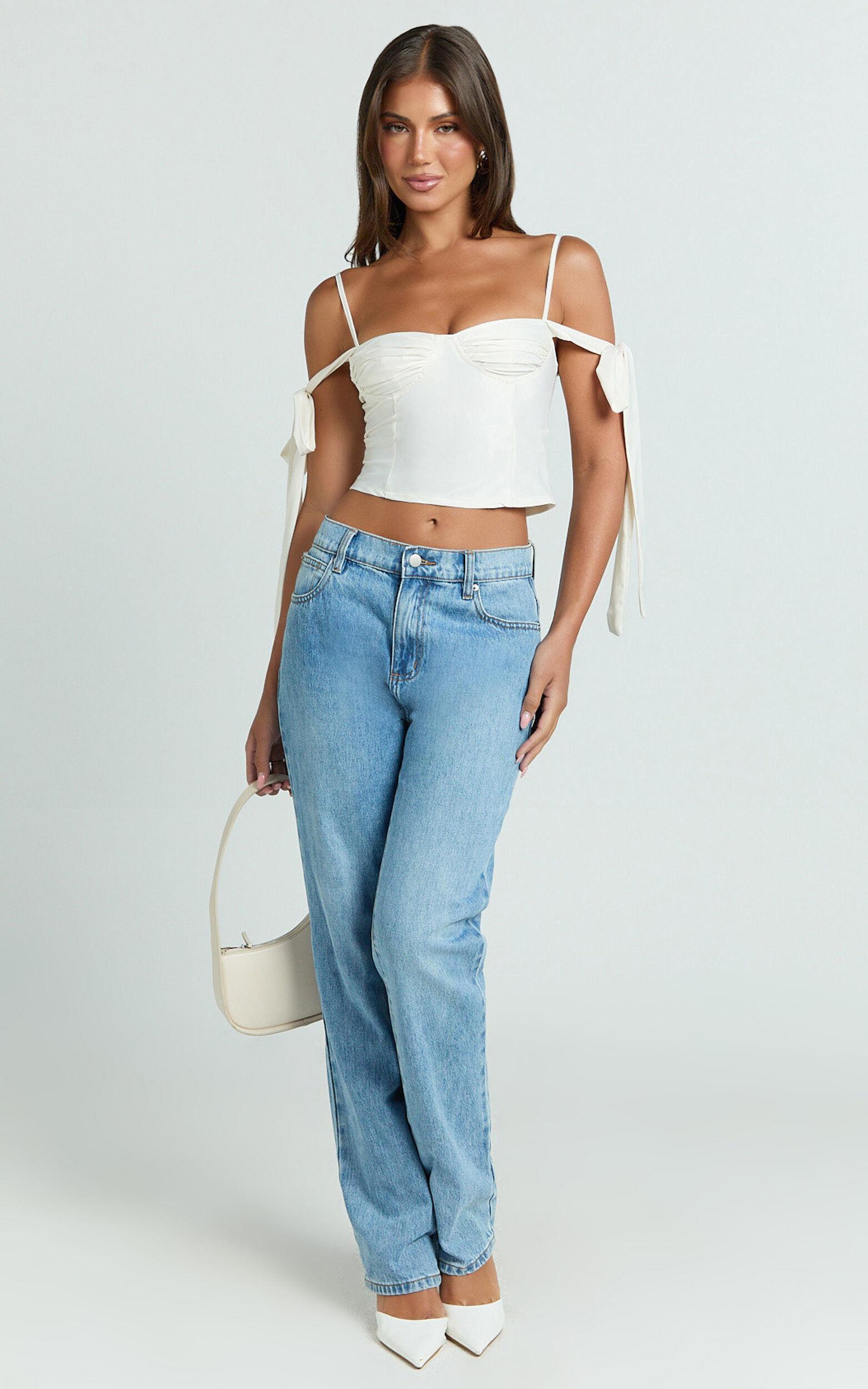 Elsa Top - Tie Shoulder Ruched Bust Bias Cut Top in Ivory Product Image