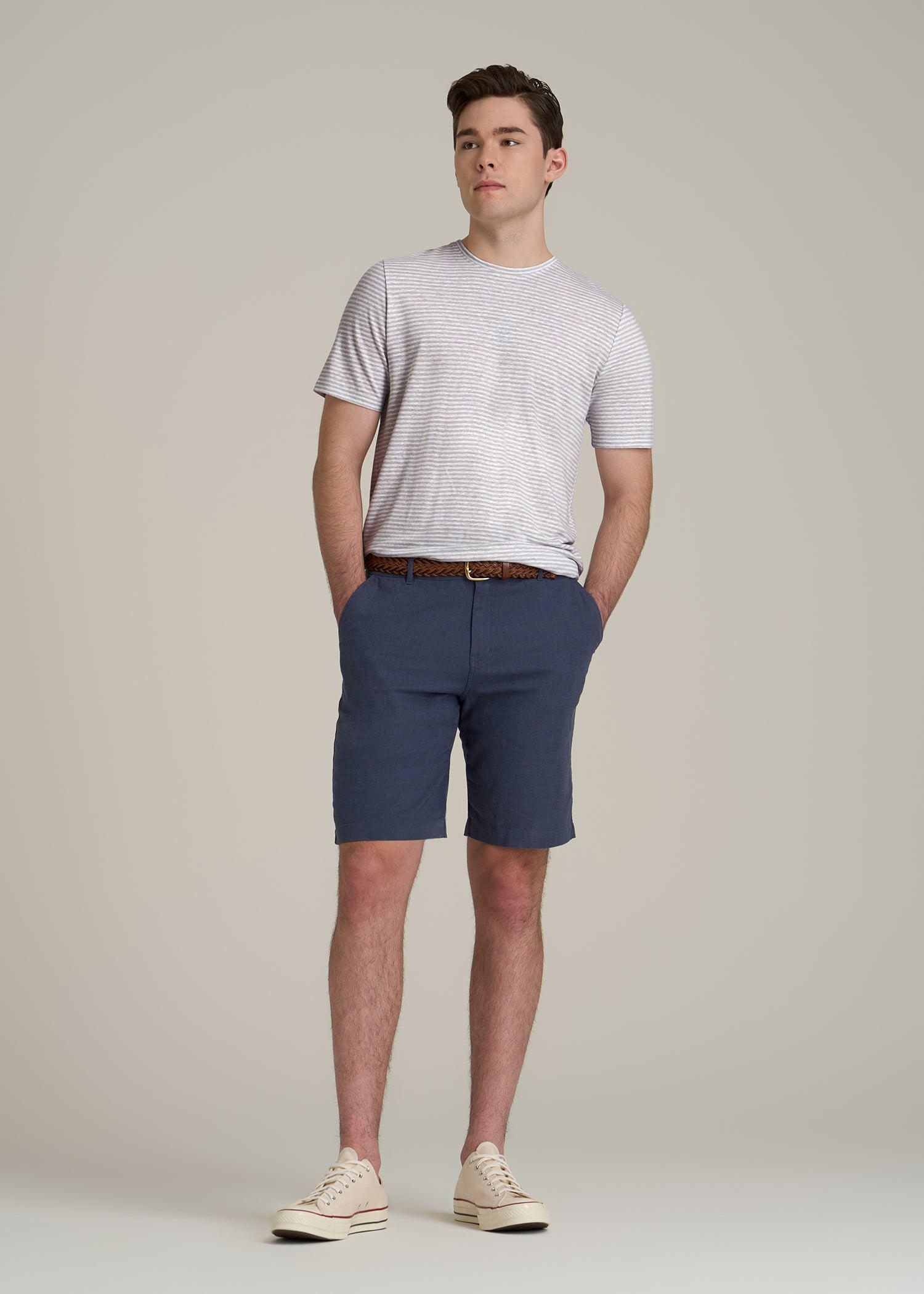 Linen Crewneck T-Shirt for Tall Men in Grey and White Mini Stripe Male Product Image