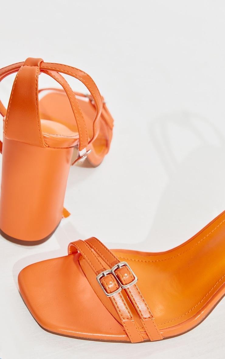 Orange PU Square Toe Buckle Detail Block Heeled Sandals Product Image