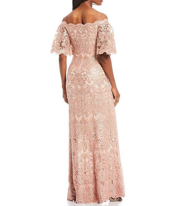 Tadashi Shoji Off-the-Shoulder Short Flutter Sleeve Sequin Lace Scalloped Hem Gown Product Image