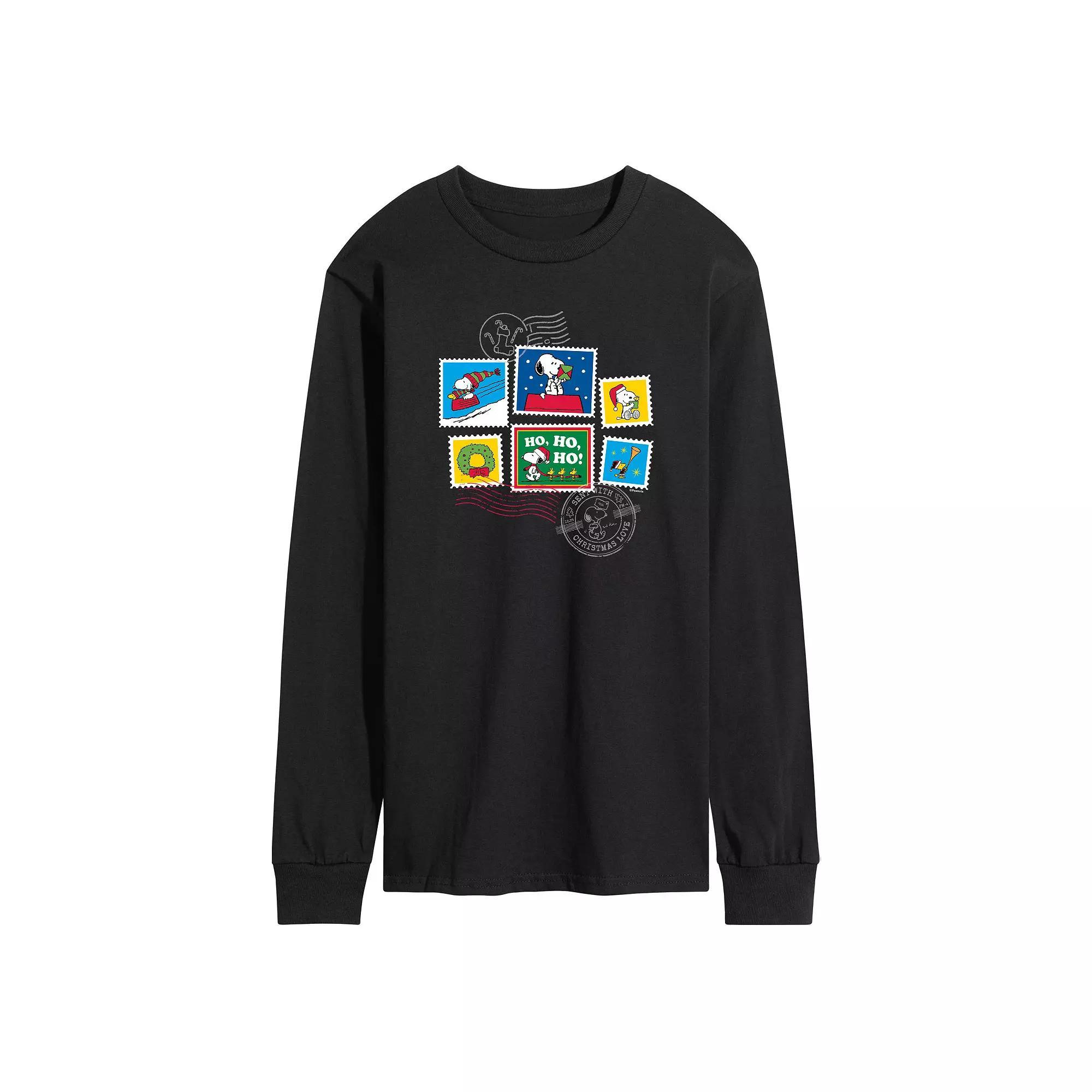 Men's Peanuts Snoopy & Woodstock Holiday Stamp Long Sleeve Graphic Tee, Size: Small, Black Product Image